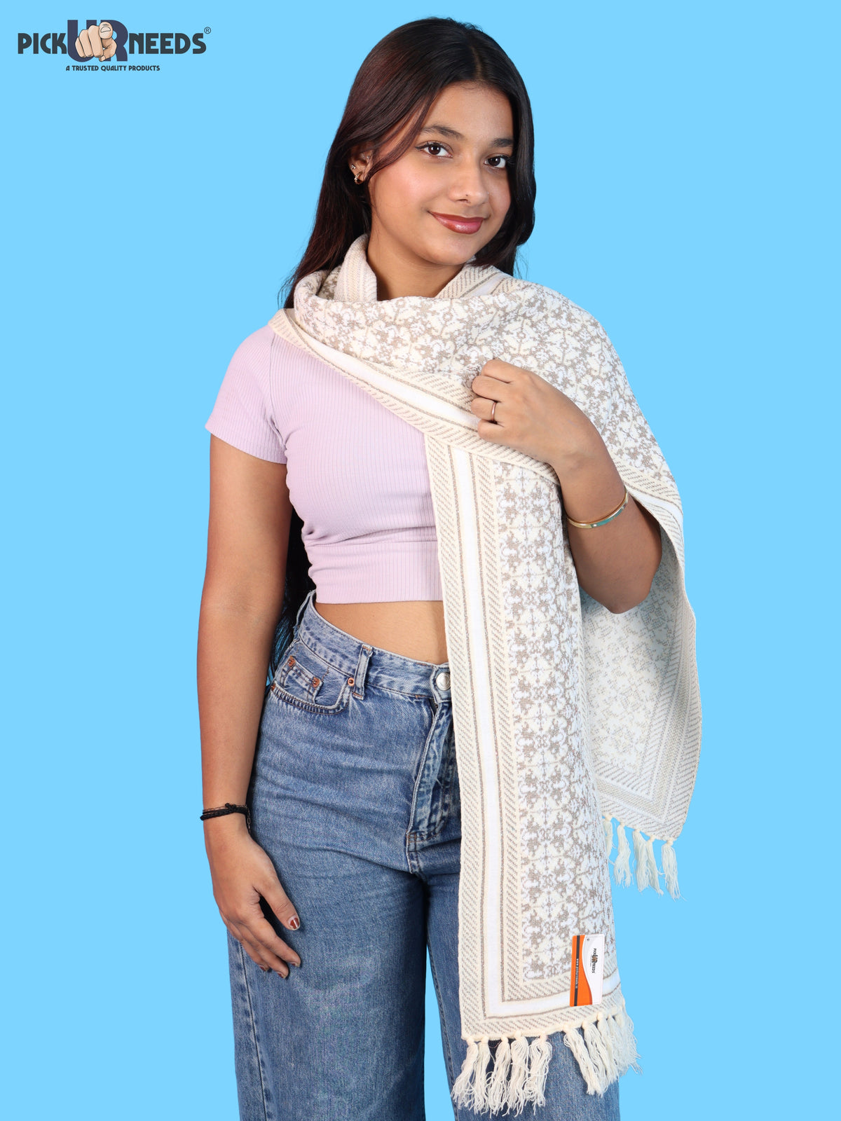Pick Ur Needs Womens & Girls Super Soft Knitted Woolen Muffler Warm Winter Neck Scarf with Elegant Printed Design & Tassels