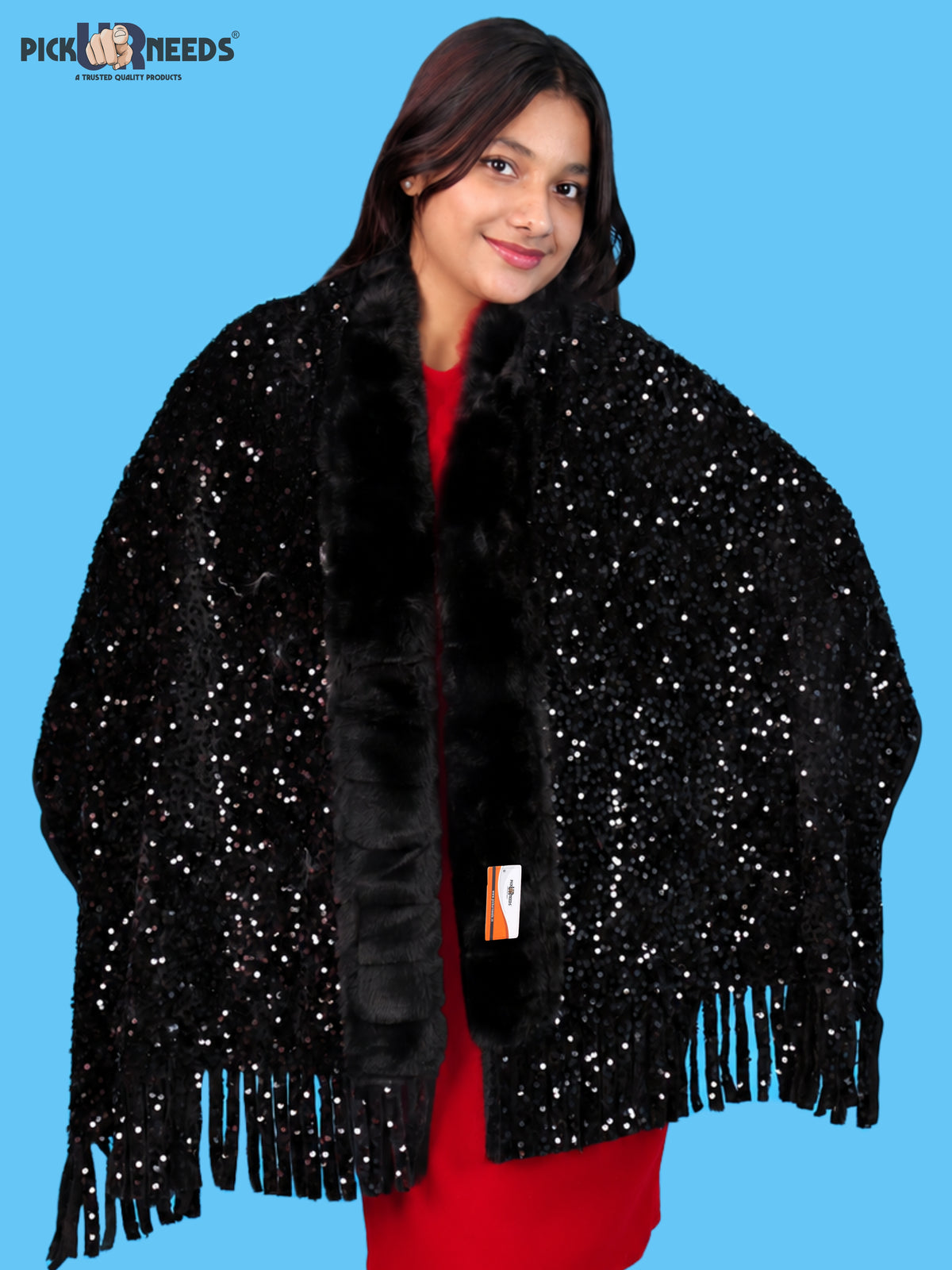 Pick Ur Needs Premium Winter Women Shawl with Shimmering Sequin Work & Soft Fur Border Elegant Warm Designer Shawls with Fringe Tassels for Ladies & Girls