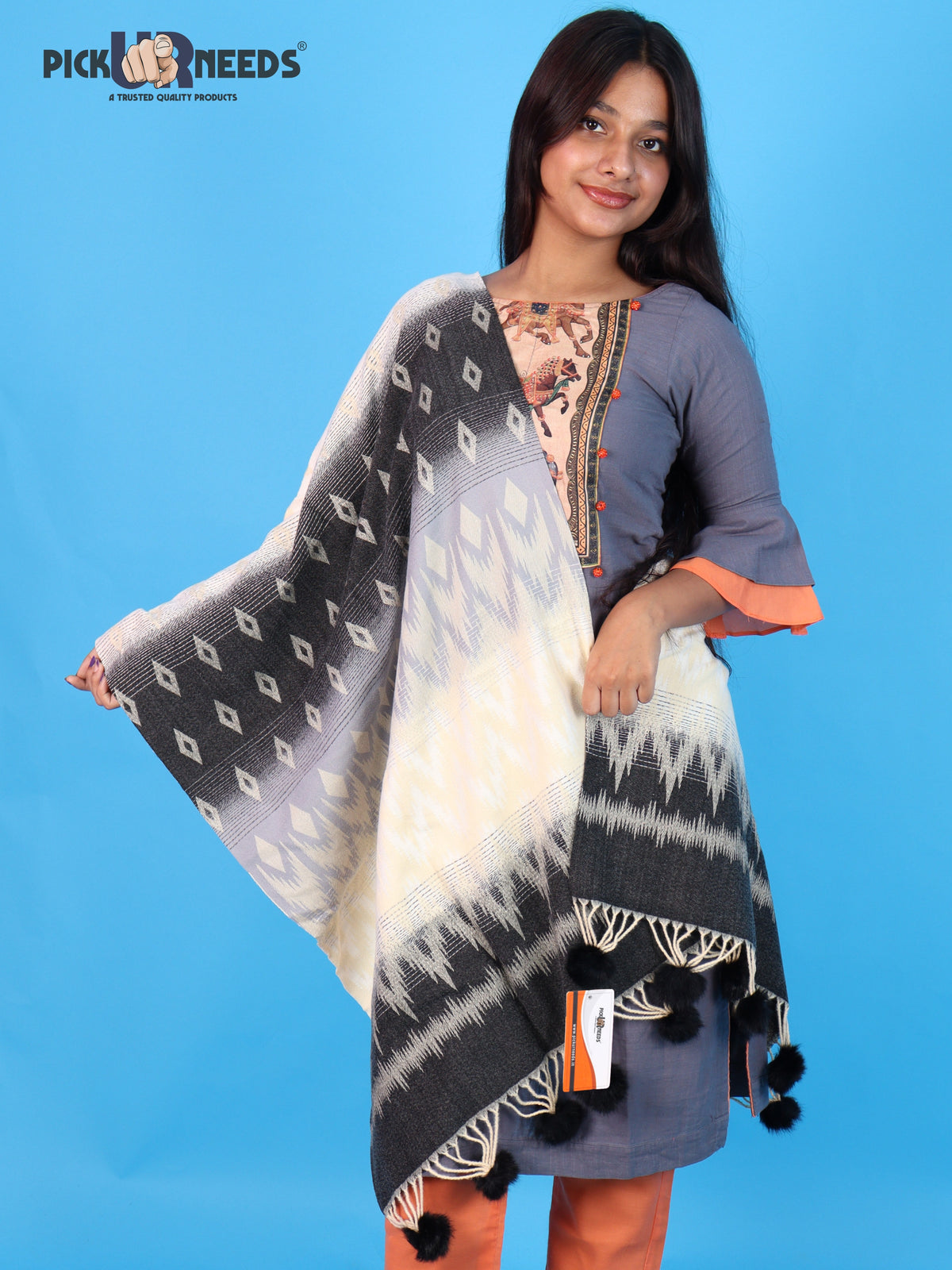 Pick Ur Needs Women Winter Shawl Soft Warm Geometric Printed Woolen Style Stole with Pom Pom Tassels Stylish Long Wrap Muffler for Women & Girls