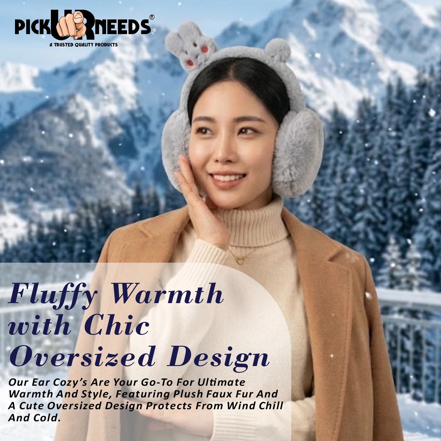 Pick Ur Needs Cute Bunny Ear Muffs for Women & Kids – Foldable Ultra-Soft Winter Earmuffs, Lightweight Plush Ear Warmers