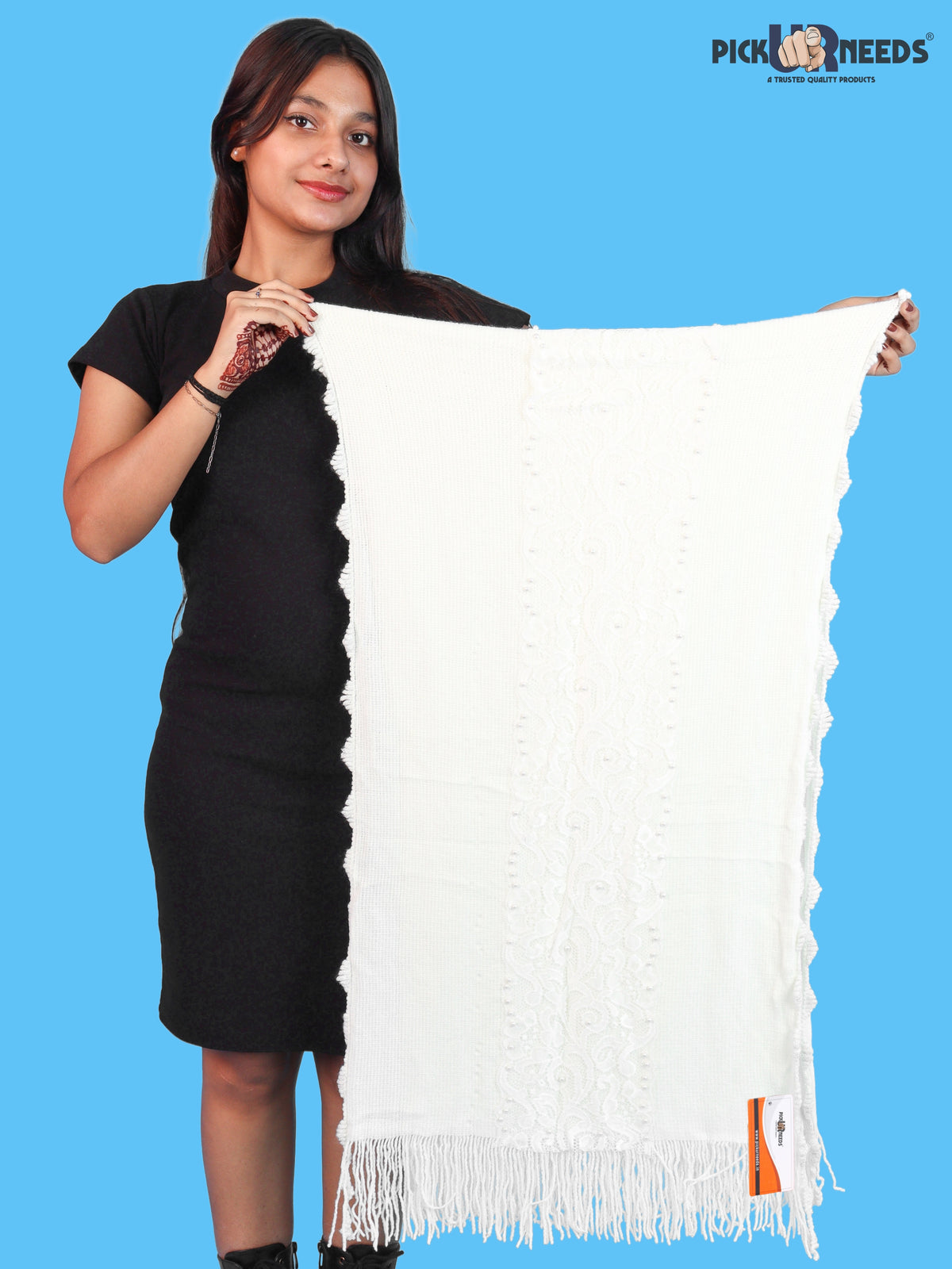 Pick Ur Needs Girls & Womens Shawl with Embroidered Lace Work, Bead Detailing and Fringe Tassels, Elegant Woollen Winter Stole