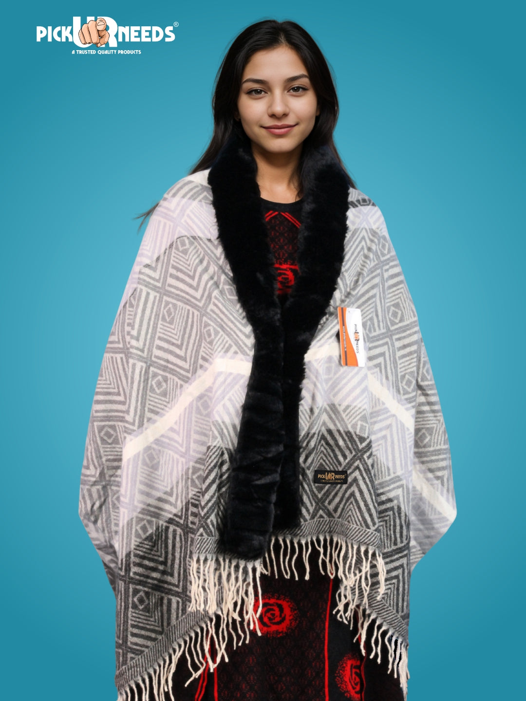 Pick Ur Needs Women's Winter Geometric Printed Faux Fur Border Shawl with Tassels  Soft Warm Wrap Stole for Casual, Party & Travel