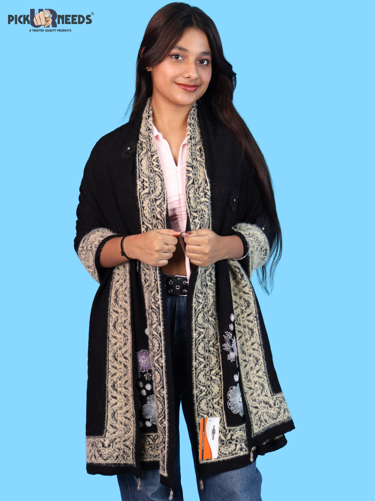 Pick Ur Needs Winter Woolen Womens Open Front Stylish Shrug with Elegant Floral Embroidery & Designer Border Soft Warm for Ladies & Girls