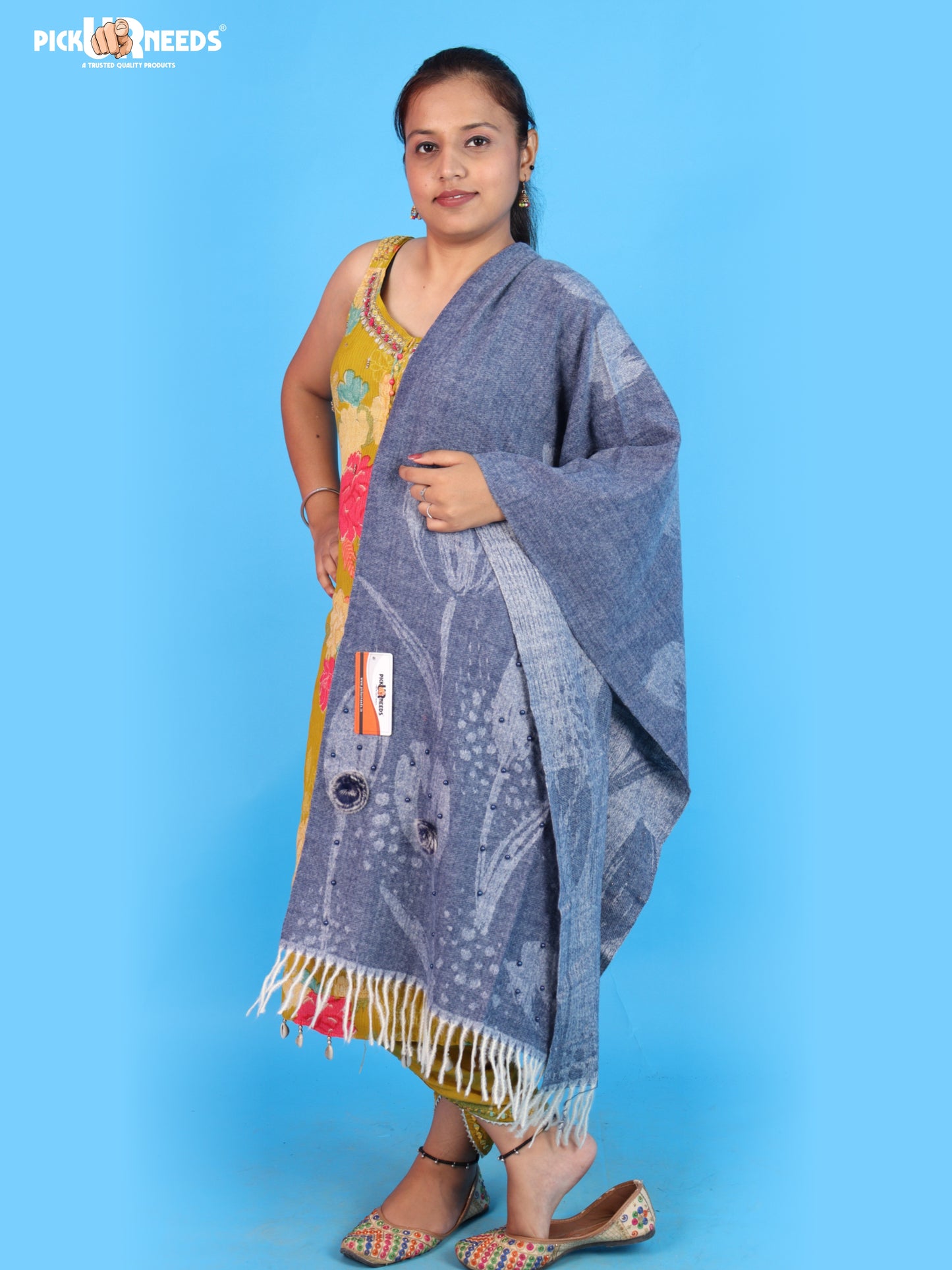 Pick Ur Needs Ladies Premium Printed Winter Shawl with Floral Pattern, Decorative Bead Detailing, Soft Warm Wrap with Fringe Tassels for Women & Girls