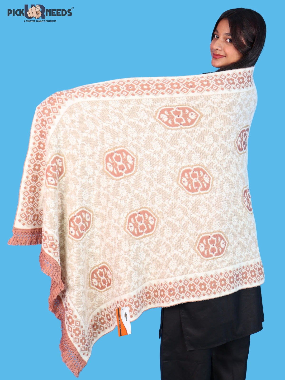 Pick Ur Needs Printed Women’s Woolen Shawl with Elegant Floral Pattern & Fur Border