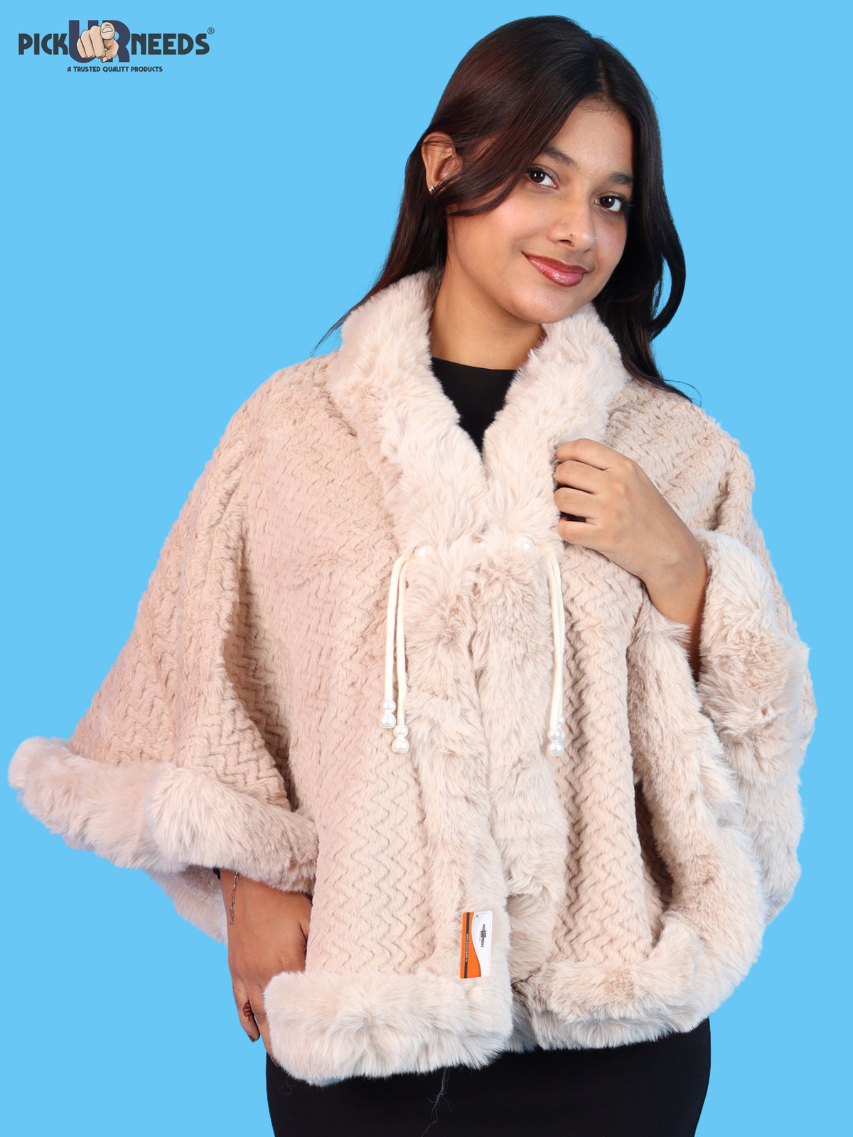 Pick Ur Needs Ladies Winter Shrug with Plush Fur Style Border & Pearl Bead Accents Textured Soft Fabric Open Front Cape Poncho with Wide Sleeves for Girls & Women