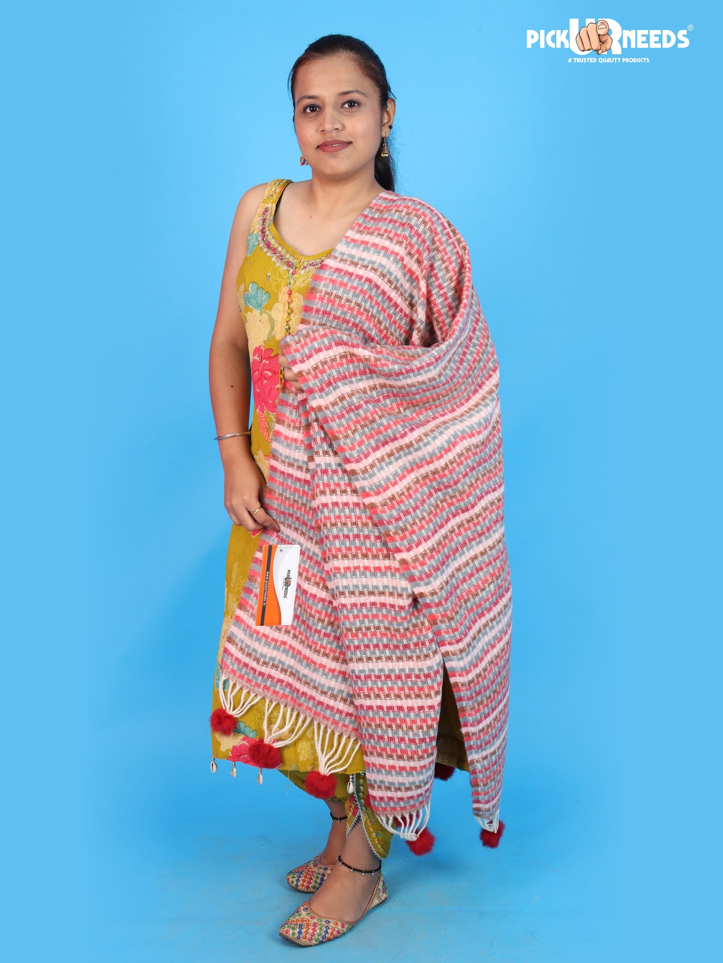 Pick Ur Needs Girls Designer Winter Shawl with Stylish Striped Pattern Textured Shoulder Wrap with Pom Pom Tassels Elegant Stole for Women Party, Casual & Ethnic Wear
