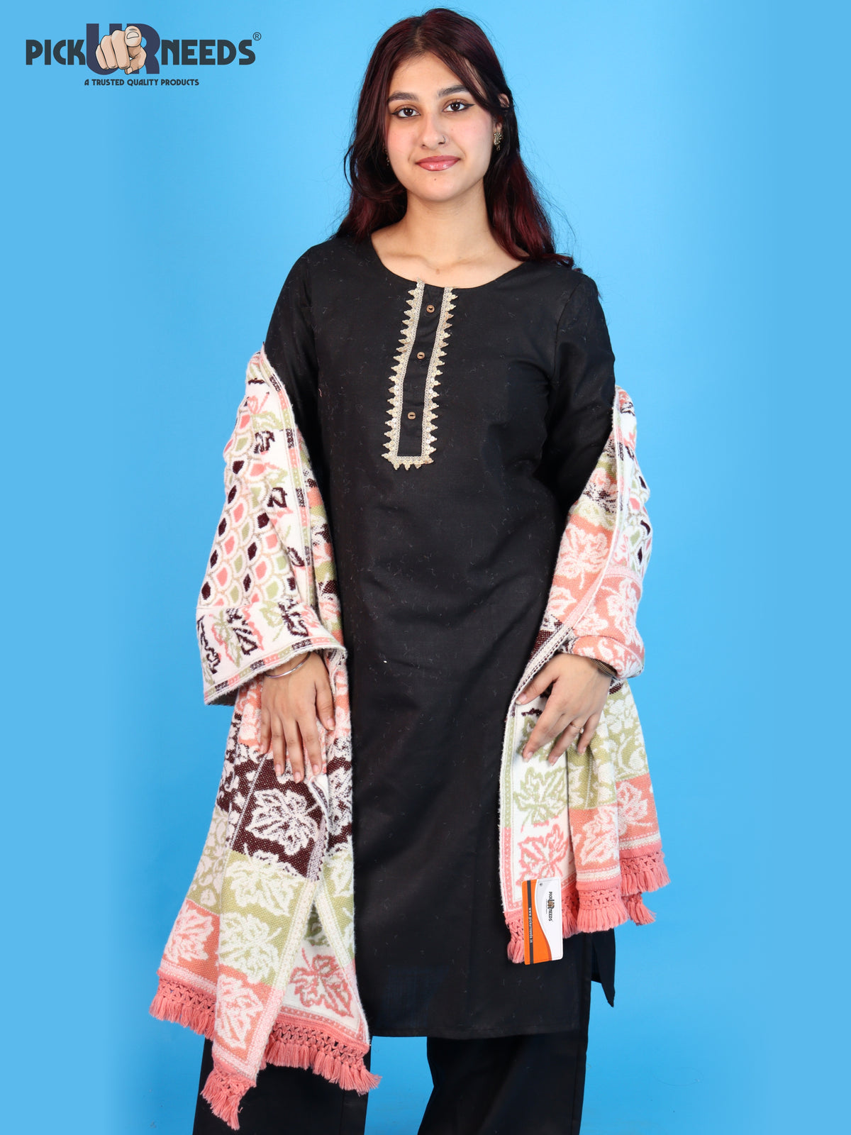 Pick Ur Needs Womens & Girls Winter Premium Shawl Floral Patterned Wool Blend Wrap with Decorative Border & Fringe Finish