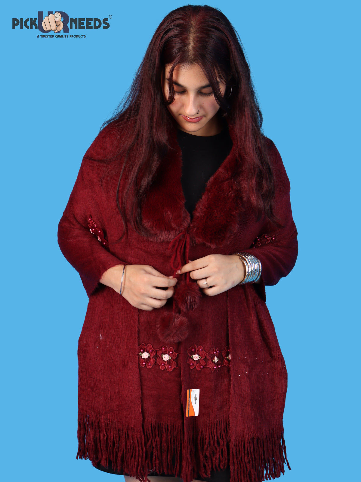 Pick Ur Needs Womens Premium Winter Shawl Shrug with Soft Fur Collar, Floral Embroidery, Pom-Pom Tie & Fringe Detailing Stylish Warm Wrap for Girls
