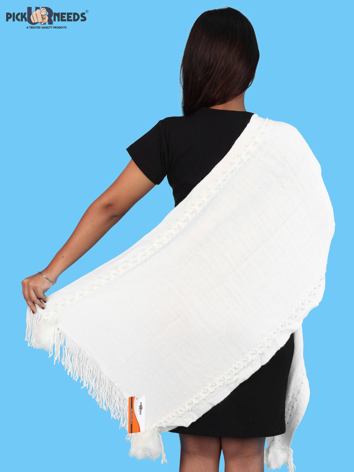 Pick Ur Needs Women & Girls Elegant Woolen Shawl with Beaded Border & Fringed Ends, Soft Warm Lightweight Winter Wrap Stole