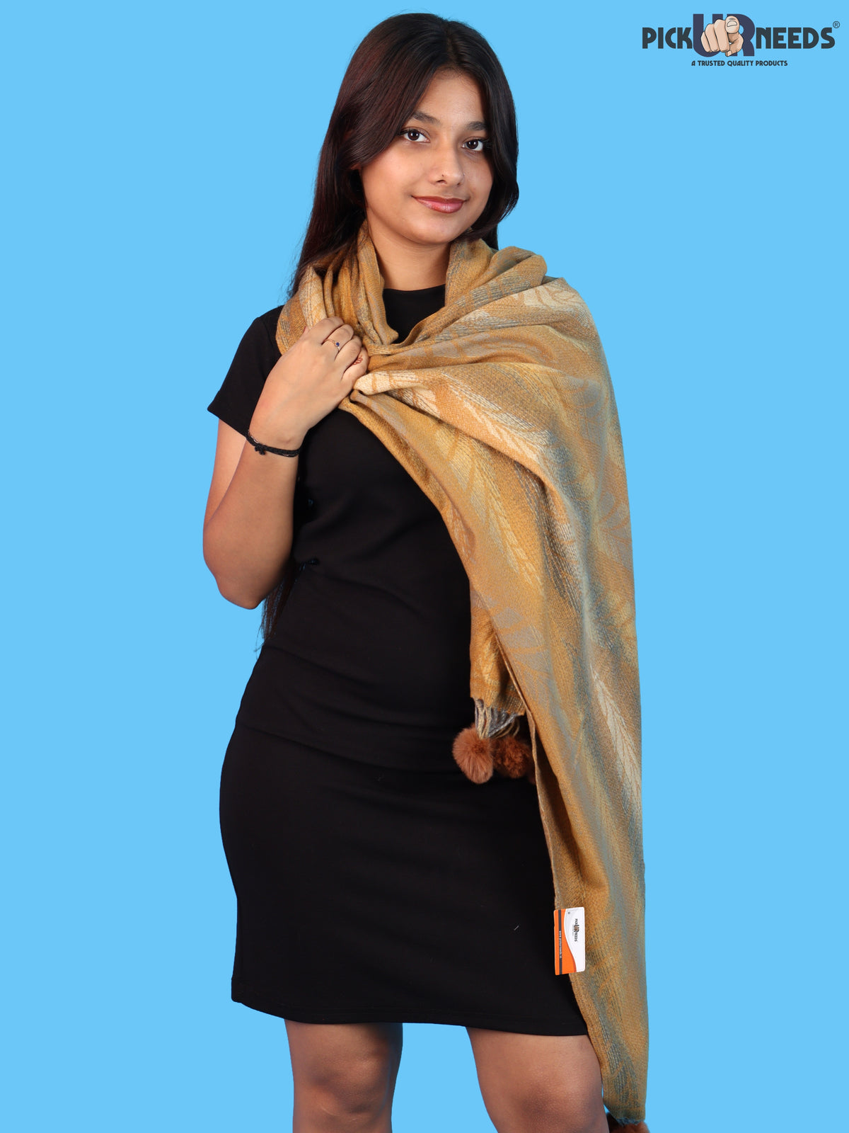 Pick Ur Needs Womens Designer Woolen Shawl & Stole with Elegant Leaf Pattern and Pom Pom Tassels, Winter Soft Warm Lightweight Winter Wrap