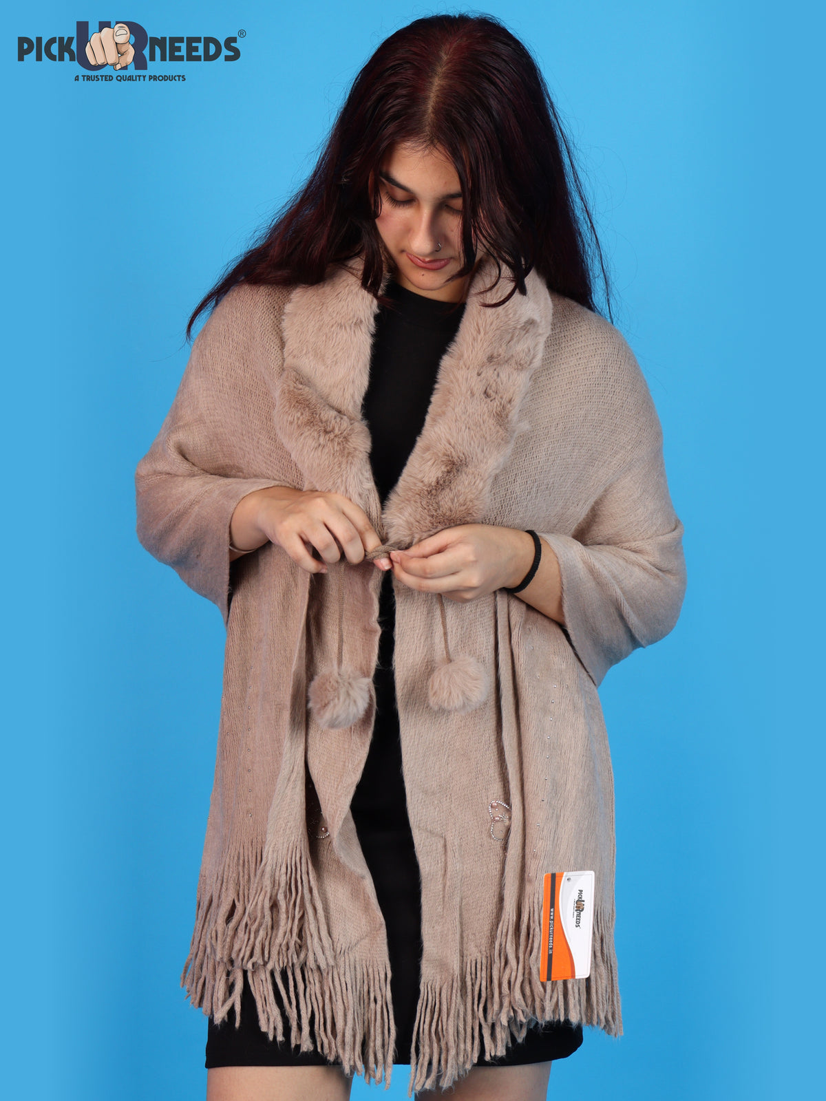 Pick Ur Needs Womens Faux Fur Collar Shrug with Pom Pom Tie Shawl Elegant Fringed Winter Wrap for Women & Girls
