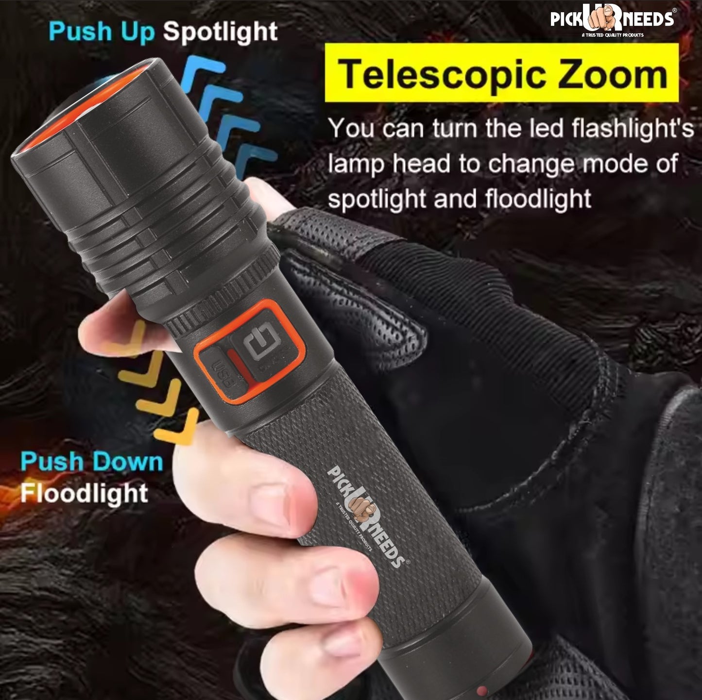 Pick Ur Needs Rechargeable Emergency Search Light Zoomable Head Adjustable 50W High Brightness Type C Charging 3 Mode Long Range Torch Light