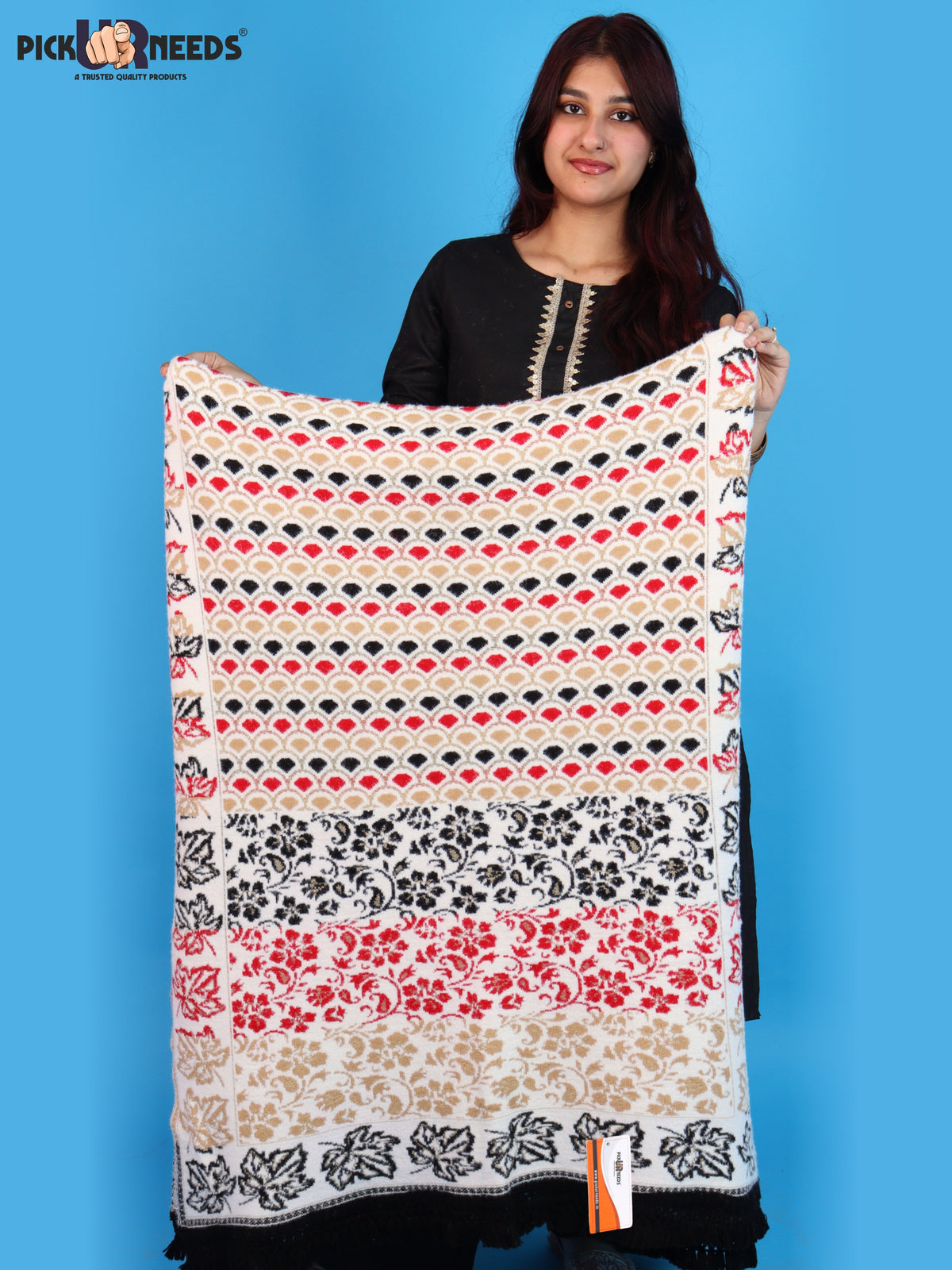 Pick Ur Needs Womens & Girls Winter Premium Shawl Floral Patterned Wool Blend Wrap with Decorative Border & Fringe Finish
