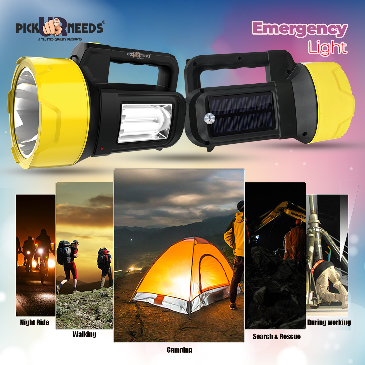 Pick Ur Needs Solar Rechargeable Emergency LED Search Long Range Torch Light 100W Tube with Blinker