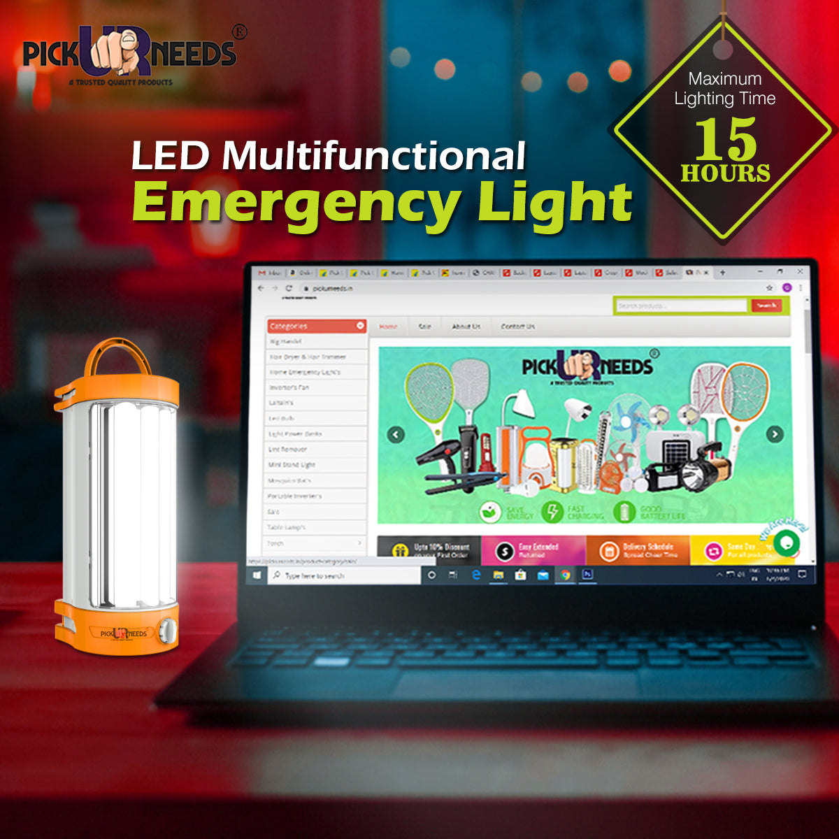 Pick Ur Needs® Extra Brightness Rechargeable LED Lantern Emergency Light 40W with Eco Friendly Solar Panel(3W + 9V)