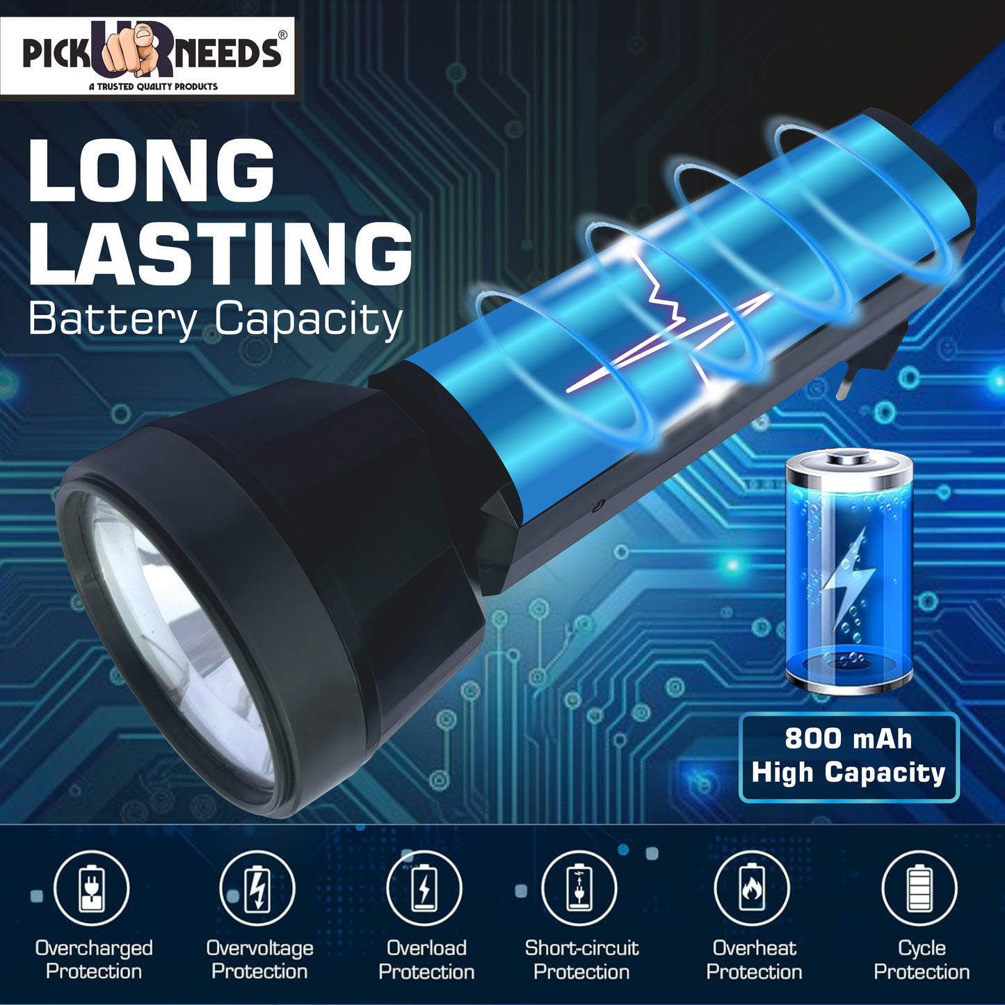 Pick Ur Needs Rechargeable Torch Search Light 30W + 8 High Big SMD Side Light 800 mAh Battery 3 hrs Torch Emergency Light  (Black)