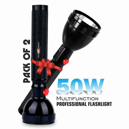 Pick Ur Needs 2X Power Long Range Torch Low / High Beam Mode Lithium Battery Metal Body Design 5 hrs Torch Emergency Light (Black)