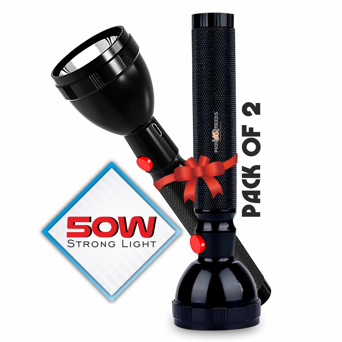Pick Ur Needs 2X Power Long Range Torch Low / High Beam Mode Lithium Battery Metal Body Design 5 hrs Torch Emergency Light (Black)