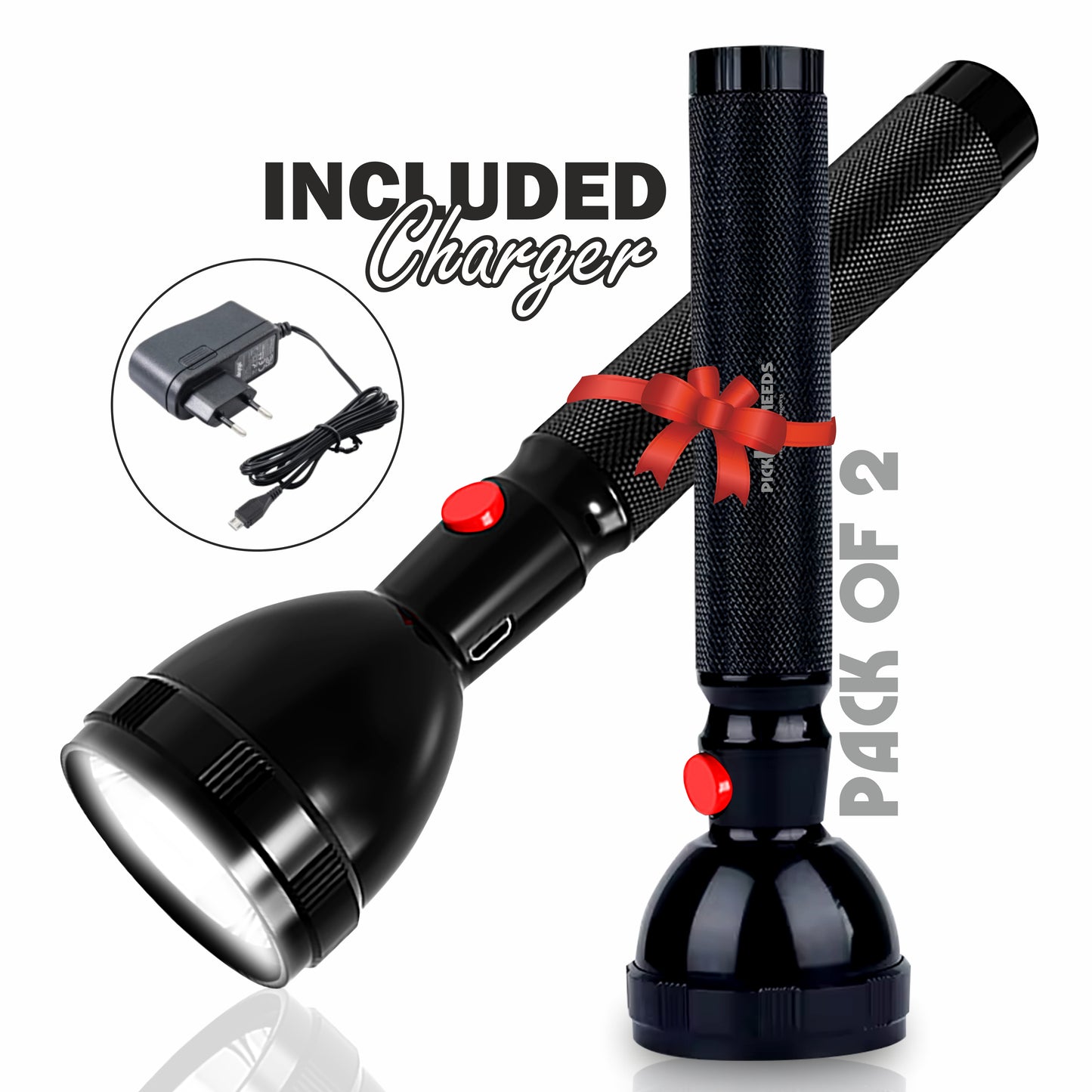 Pick Ur Needs 2X Power Long Range Torch Low / High Beam Mode Lithium Battery Metal Body Design 5 hrs Torch Emergency Light (Black)