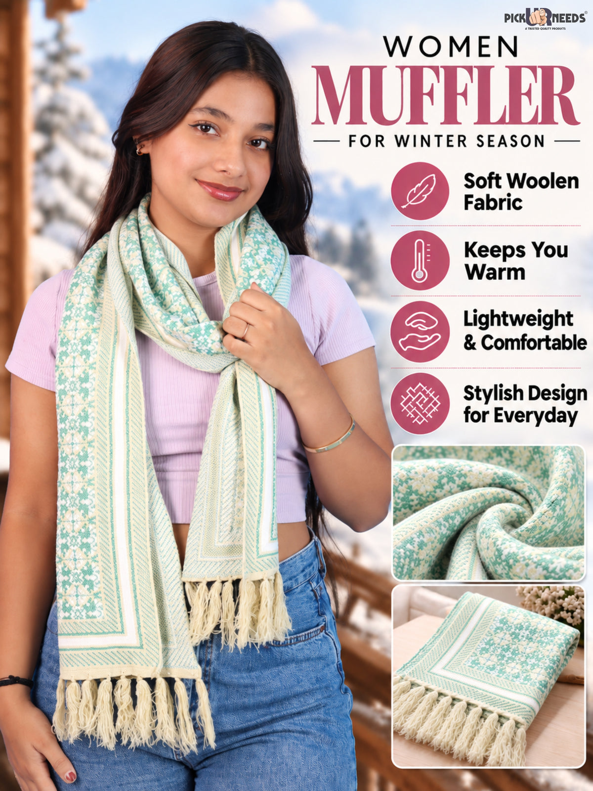 Pick Ur Needs Womens & Girls Super Soft Knitted Woolen Muffler Warm Winter Neck Scarf with Elegant Printed Design & Tassels