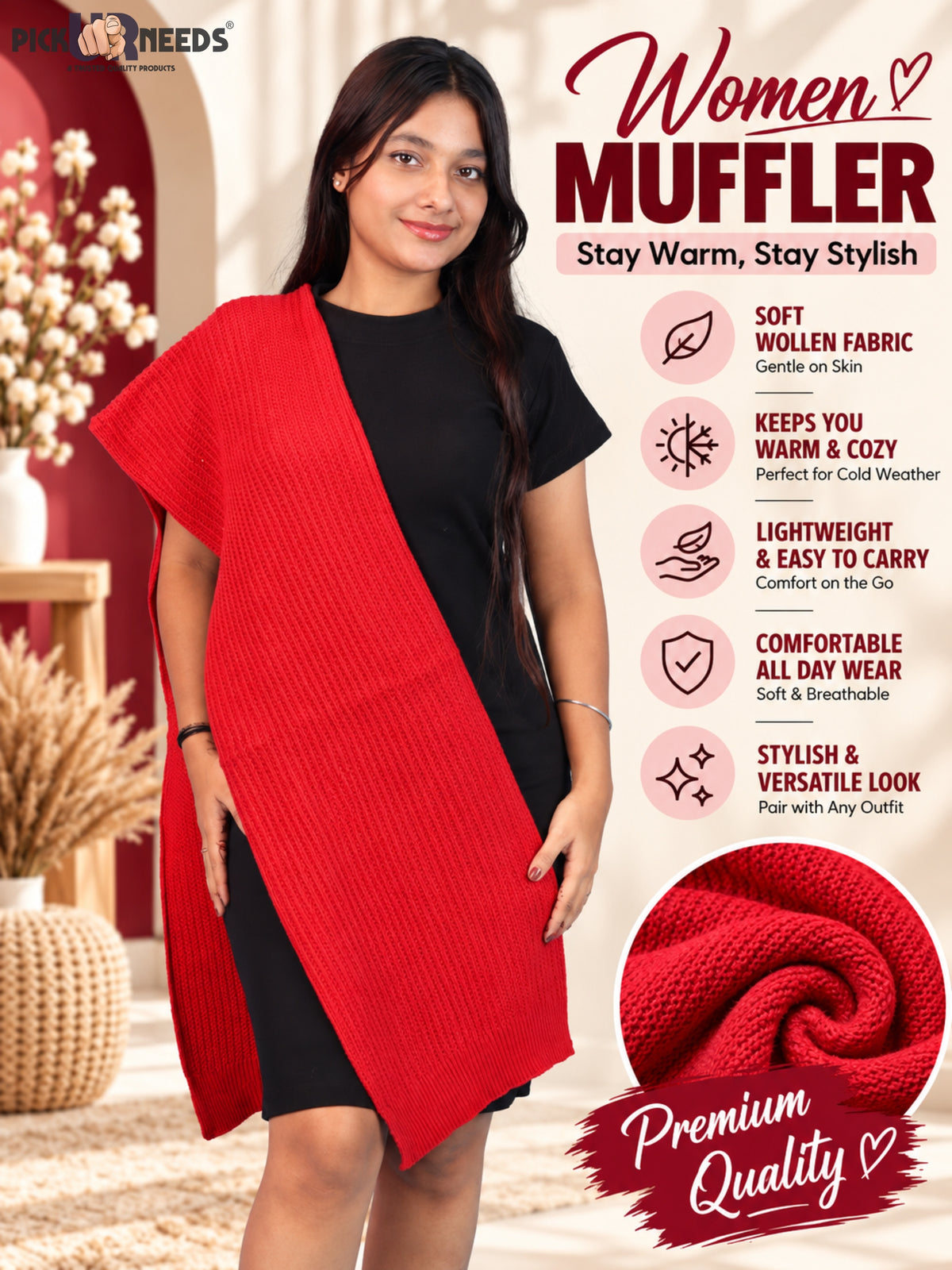 Pick Ur Needs Womens Stylish Knitted Muffler Scarf, Long Ribbed Knit Winter Neck Wrap, Soft Textured Cozy Scarf for Girls