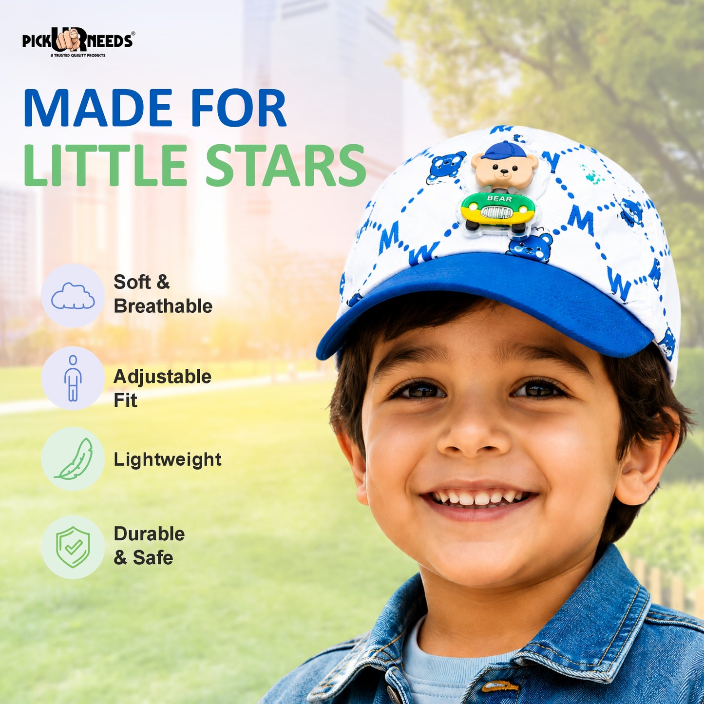 Pick Ur Needs Kids Baseball Cap with Cute Bear LED Light Design Comfort Fit for Boys & Girls Adjustable Buckle