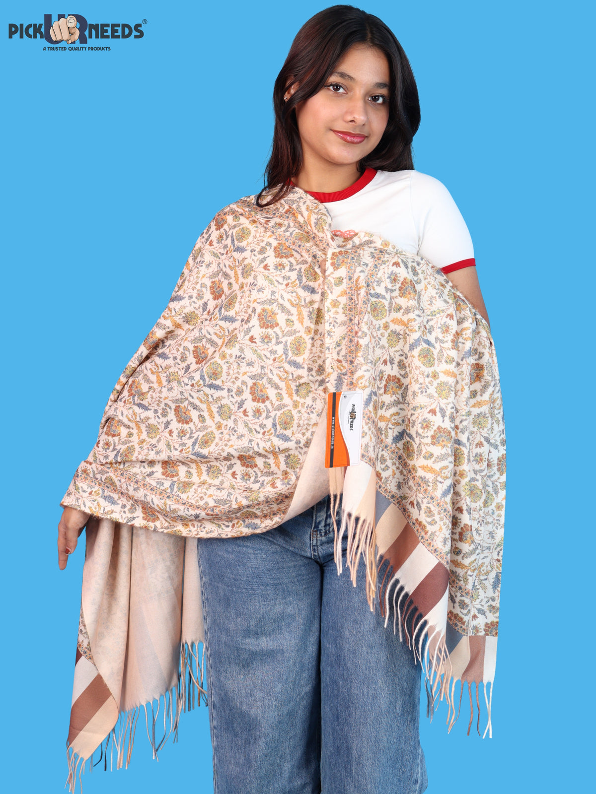 Pick Ur Needs Women & Girls Soft Woolen Shawl Elegant Floral Design Winter Neck Scarf with Decorative Border & Fringes