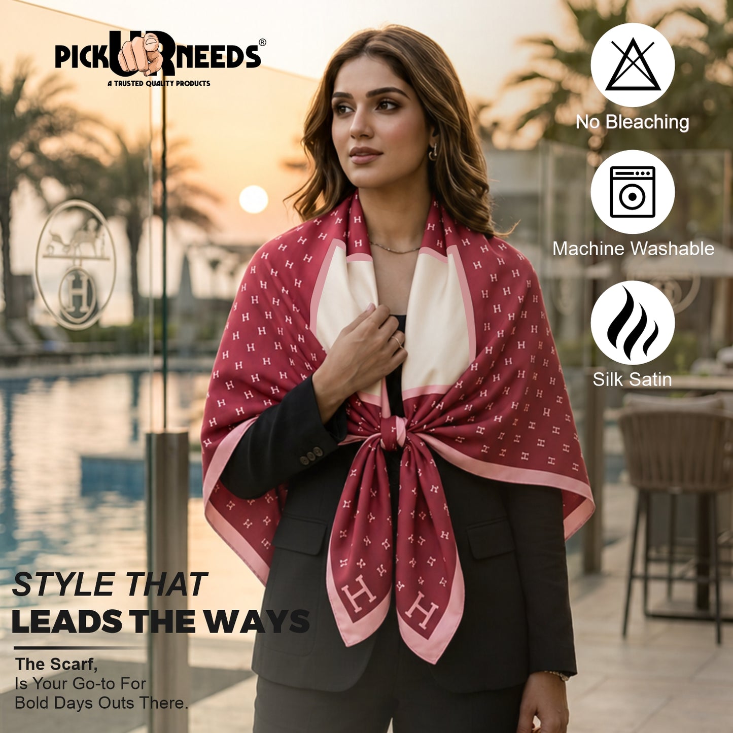 Pick Ur Needs Elegant Womens Premium Printed Satin Silk Feel Square Neck & Head Girls Scarf