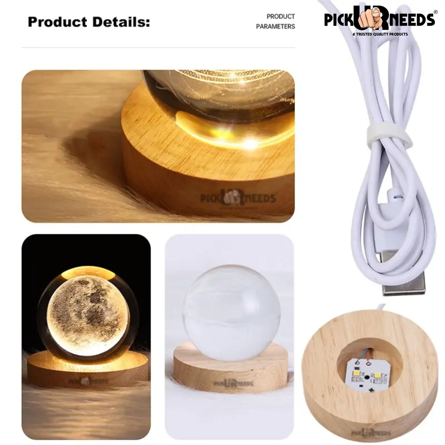 Pick Ur Needs 3D Galaxy Laxmi Ganesh Crystal Ball Night Light– Beech Wood Base– Decor for Home Night Lamp  (9.5 cm, Gold)