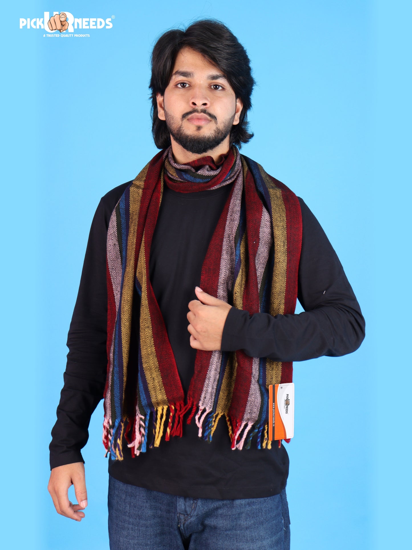 Pick Ur Needs Men's Muffler With Multi Color Strips Design Woolem Blend Fabric Stylish Tussles Ends Muffler For Men