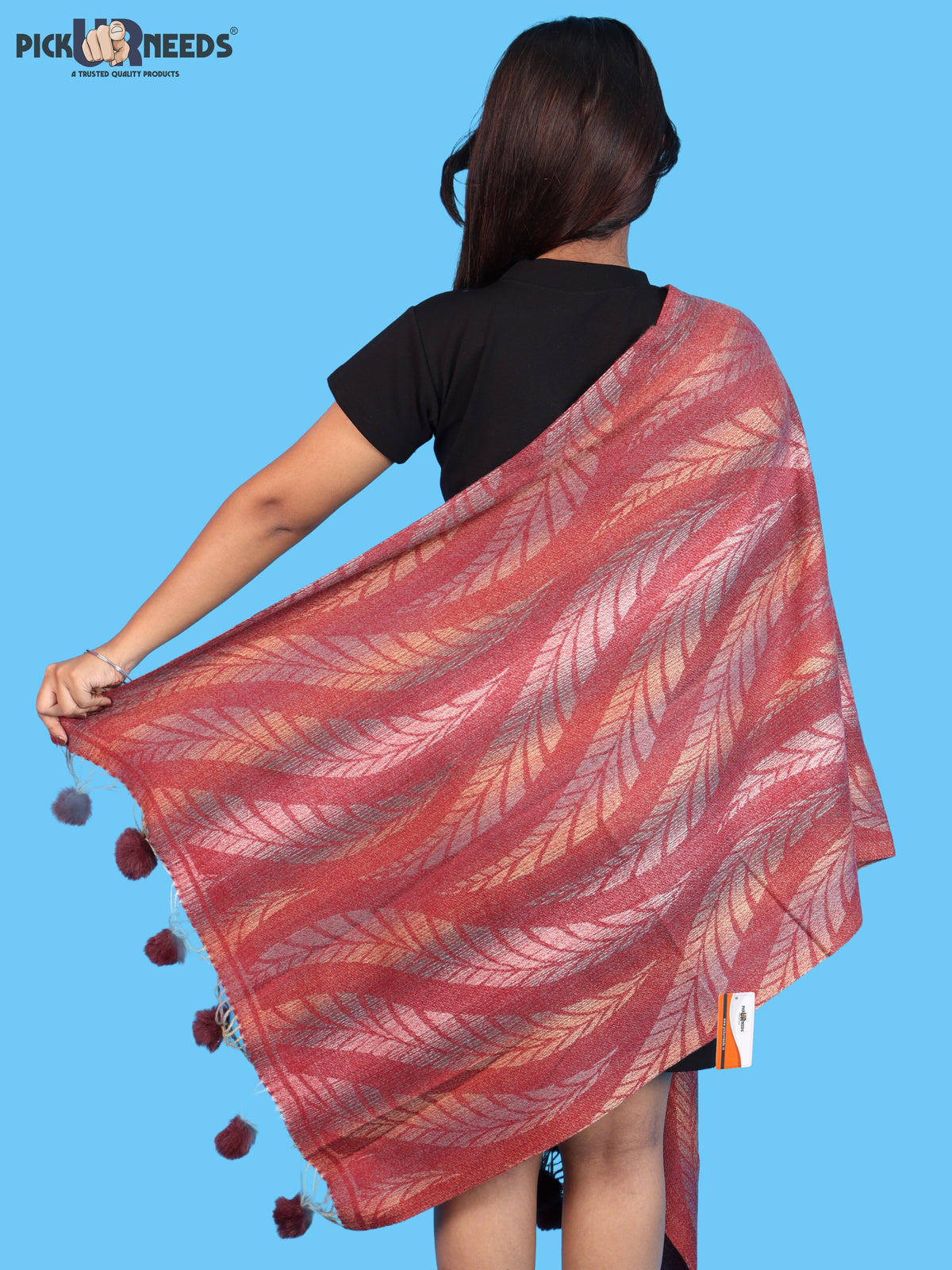 Pick Ur Needs Womens Designer Woolen Shawl & Stole with Elegant Leaf Pattern and Pom Pom Tassels, Winter Soft Warm Lightweight Winter Wrap