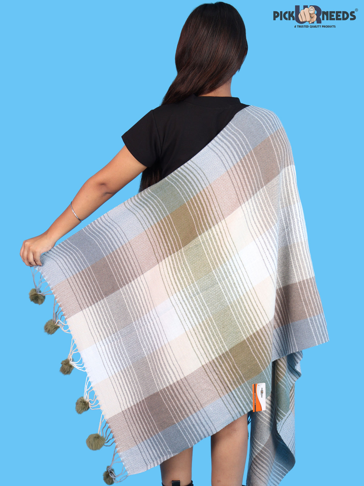 Pick Ur Needs Women & Girls Winter Shawl Soft Warm Striped Pattern Shawl with Tassel & Pom Pom Border Stylish Ladies Winter Wrap