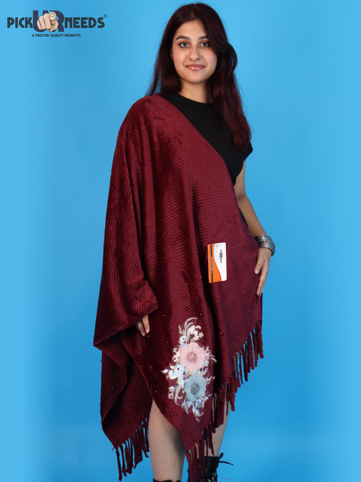 Pick Ur Needs Premium Floral Embroidered Winter Shawl Stole Soft Warm Wrap with Pearl Embellishments & Fringed Border For Girls & Womens