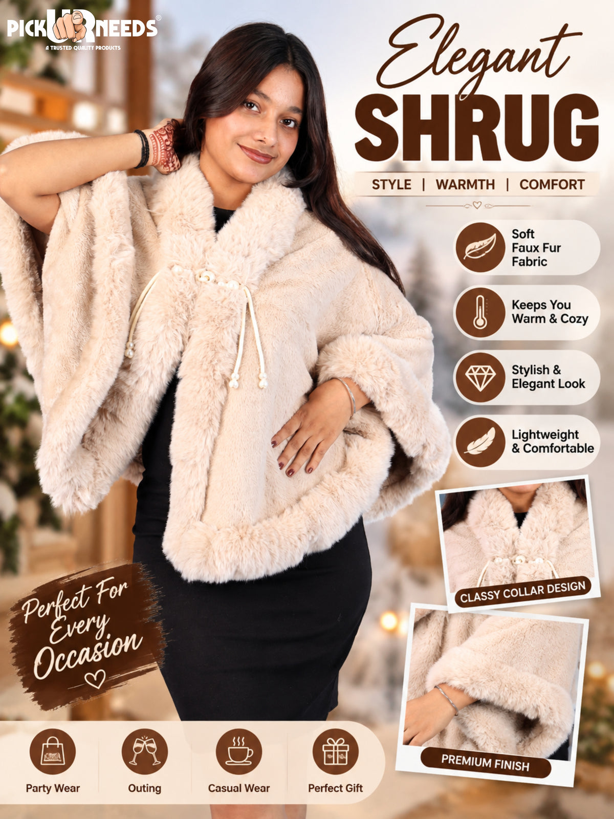Pick Ur Needs Elegant Faux Fur Womens Shrug with Plush Collar,Soft Warm Winter Cape Poncho, Stylish Fluffy Shoulder Wrap for Ladies & Girls