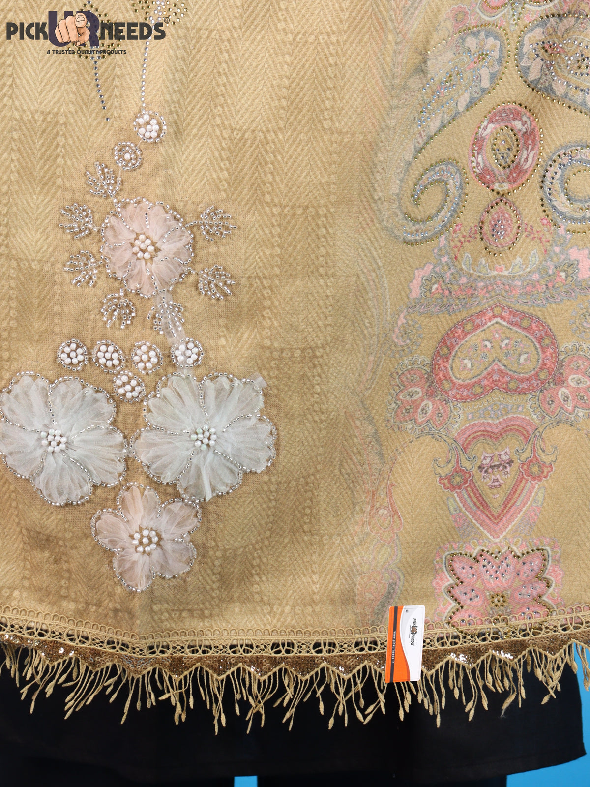 Pick Ur Needs Womens Designer Winter Elegant Floral Embellished Paisley Print Girls Shawl with Decorative Fringe Border