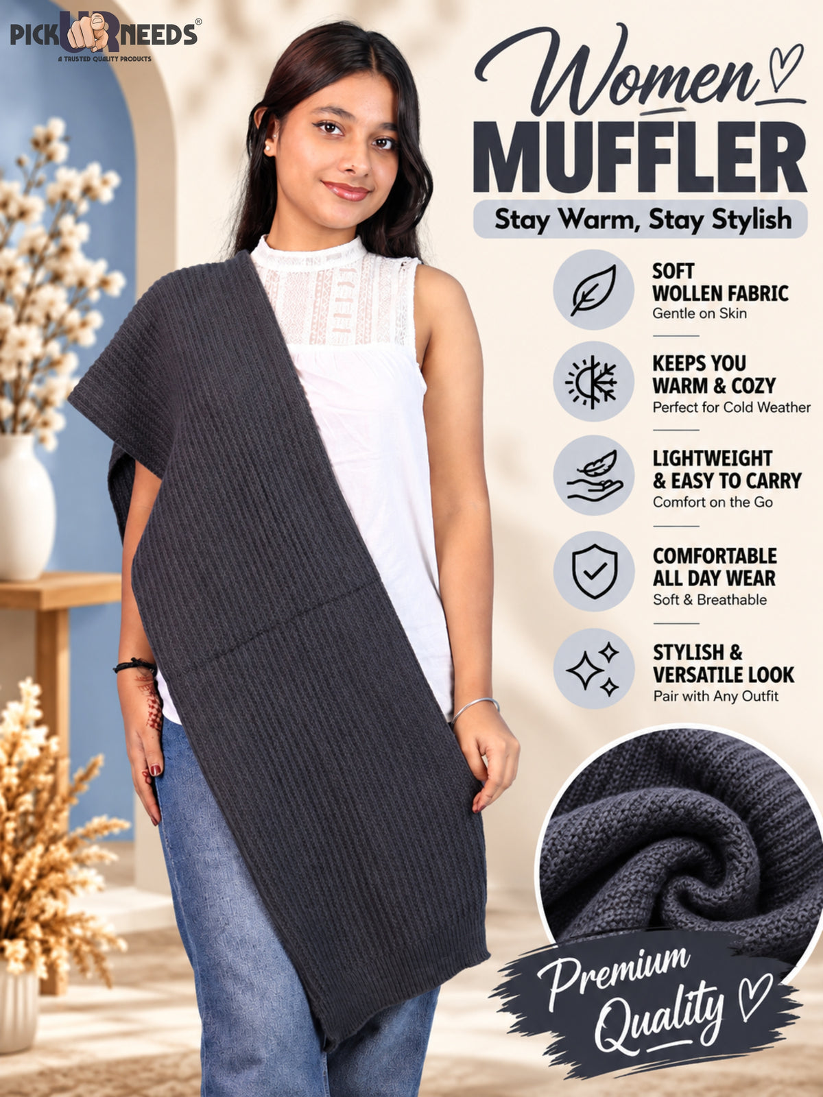 Pick Ur Needs Womens Stylish Knitted Muffler Scarf, Long Ribbed Knit Winter Neck Wrap, Soft Textured Cozy Scarf for Girls