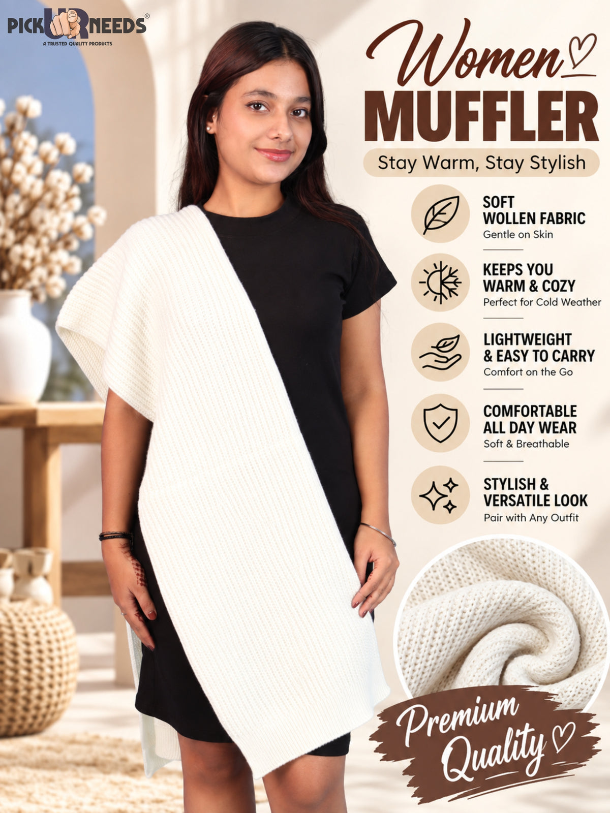 Pick Ur Needs Womens Stylish Knitted Muffler Scarf, Long Ribbed Knit Winter Neck Wrap, Soft Textured Cozy Scarf for Girls