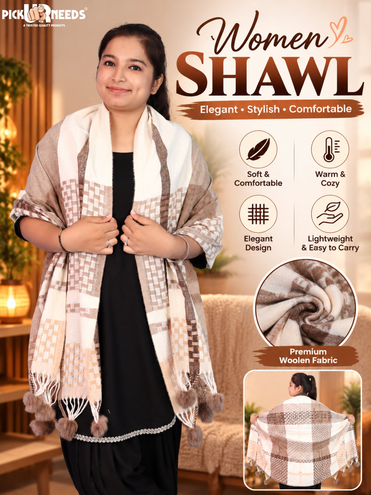 Pick Ur Needs Women Designer Winter Shawl with Geometric Checkered Pattern Shoulder Wrap with Tassels Stylish Stole for Girls Party, Casual & Ethnic Wear