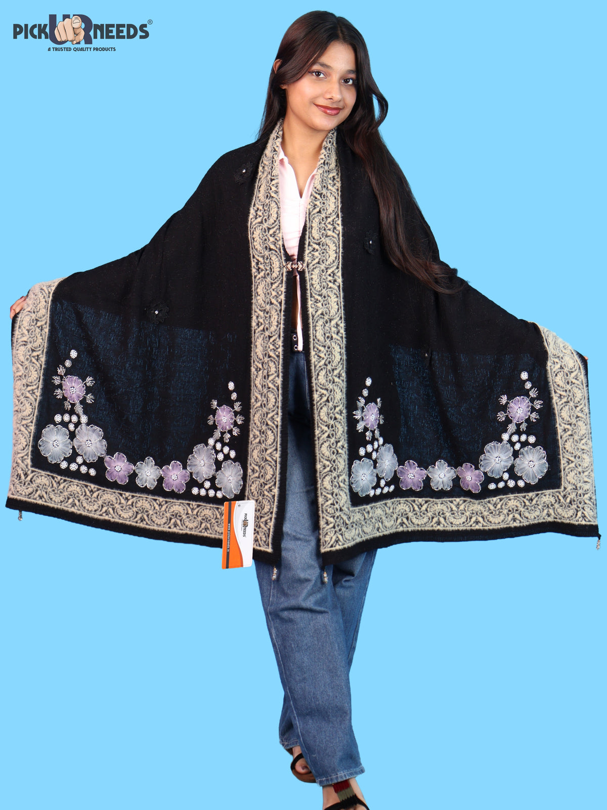 Pick Ur Needs Winter Woolen Womens Open Front Stylish Shrug with Elegant Floral Embroidery & Designer Border Soft Warm for Ladies & Girls