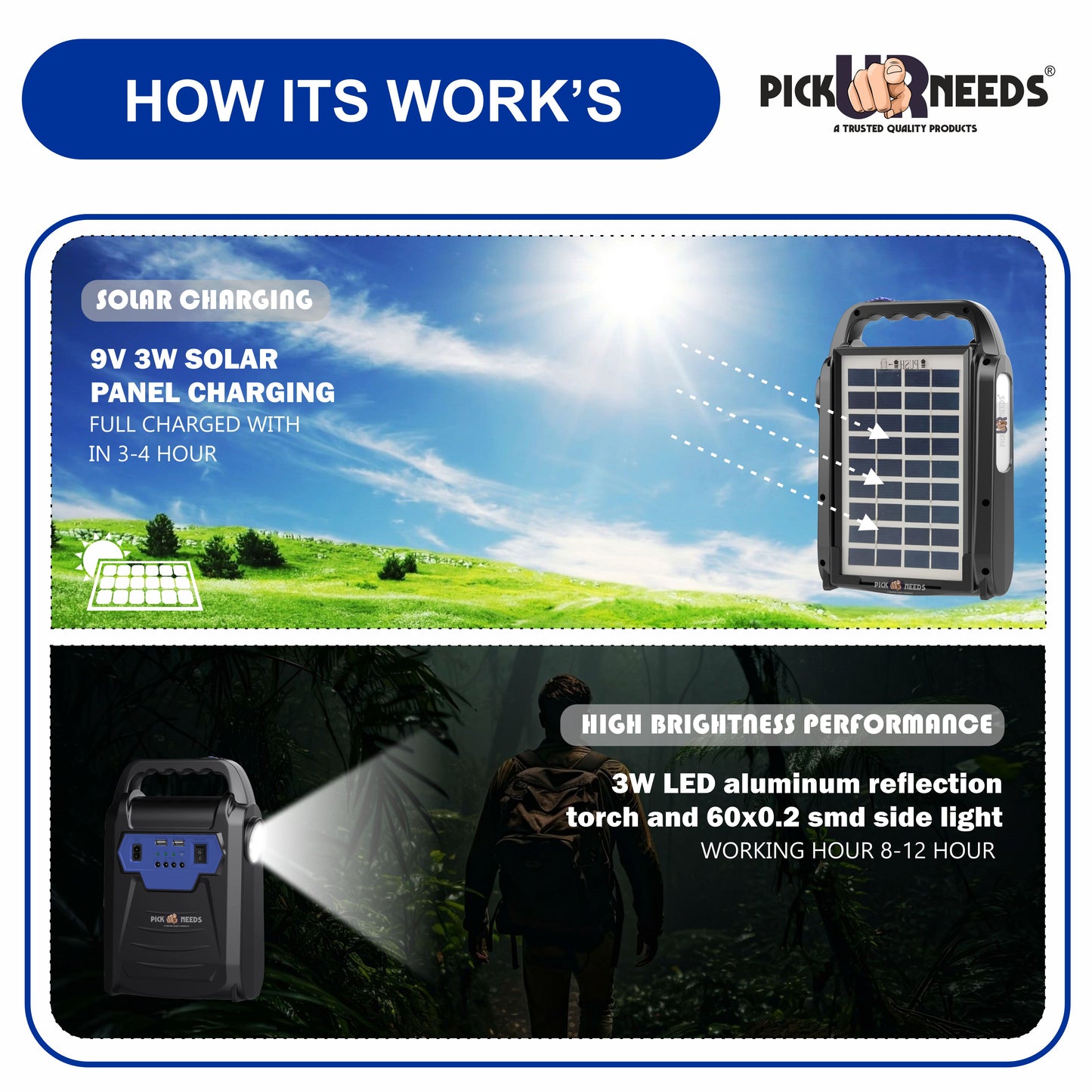 Pick Ur Needs Solar Chargeable Inverter Set Torch + Side Emergency Light + 3 Bulb 2 USB Port 7 hrs Torch Emergency Light