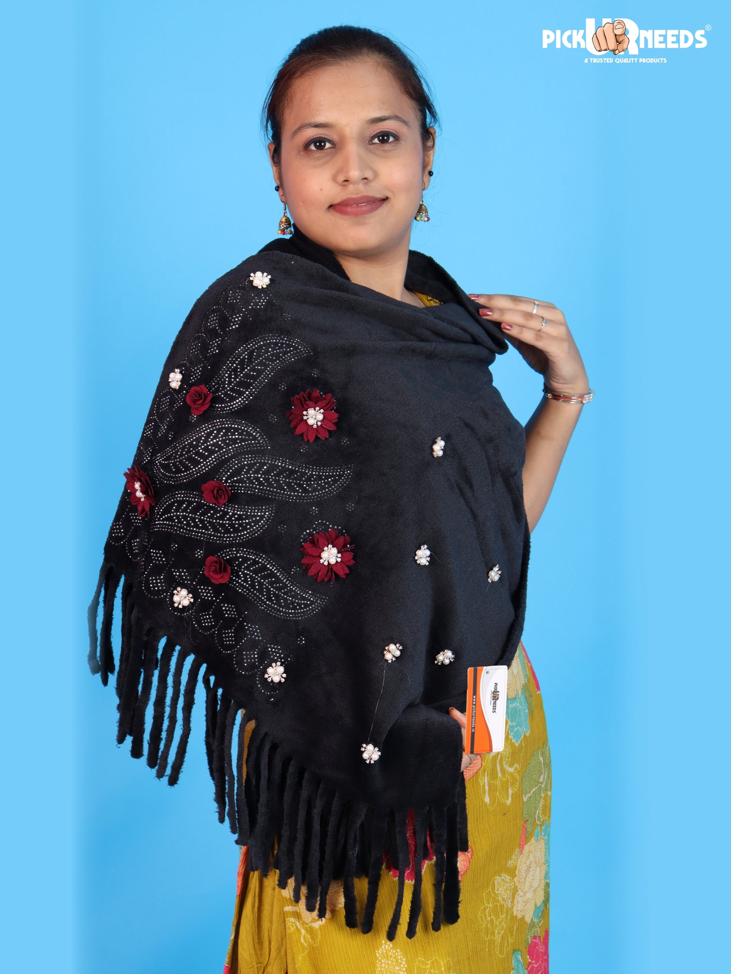 Pick Ur Needs Girls Embroidered Shawl Stylish Floral Embellished Winter Stole with Decorative Fringe Tassels Elegant Shoulder Wrap for Women