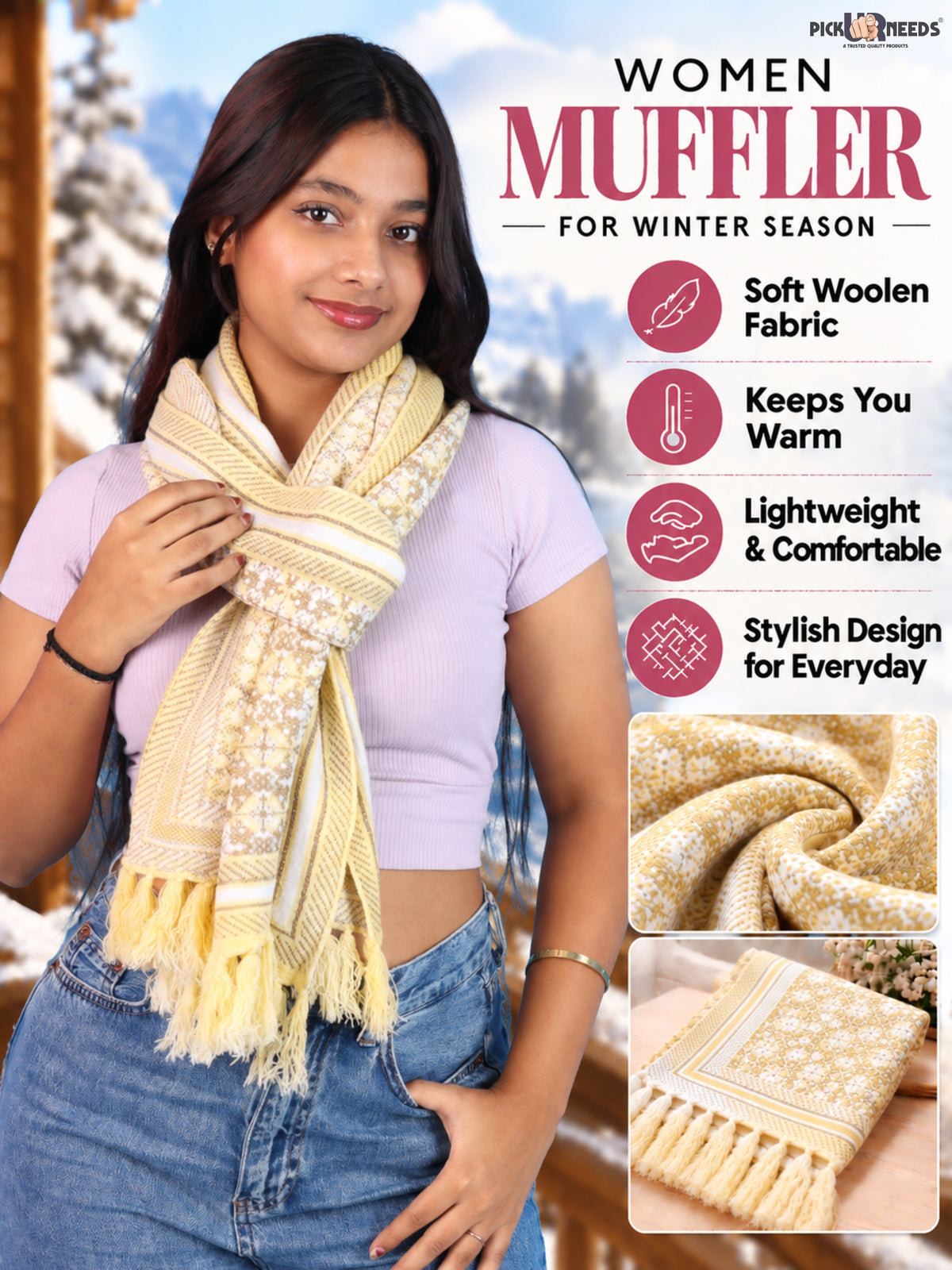 Pick Ur Needs Womens & Girls Super Soft Knitted Woolen Muffler Warm Winter Neck Scarf with Elegant Printed Design & Tassels