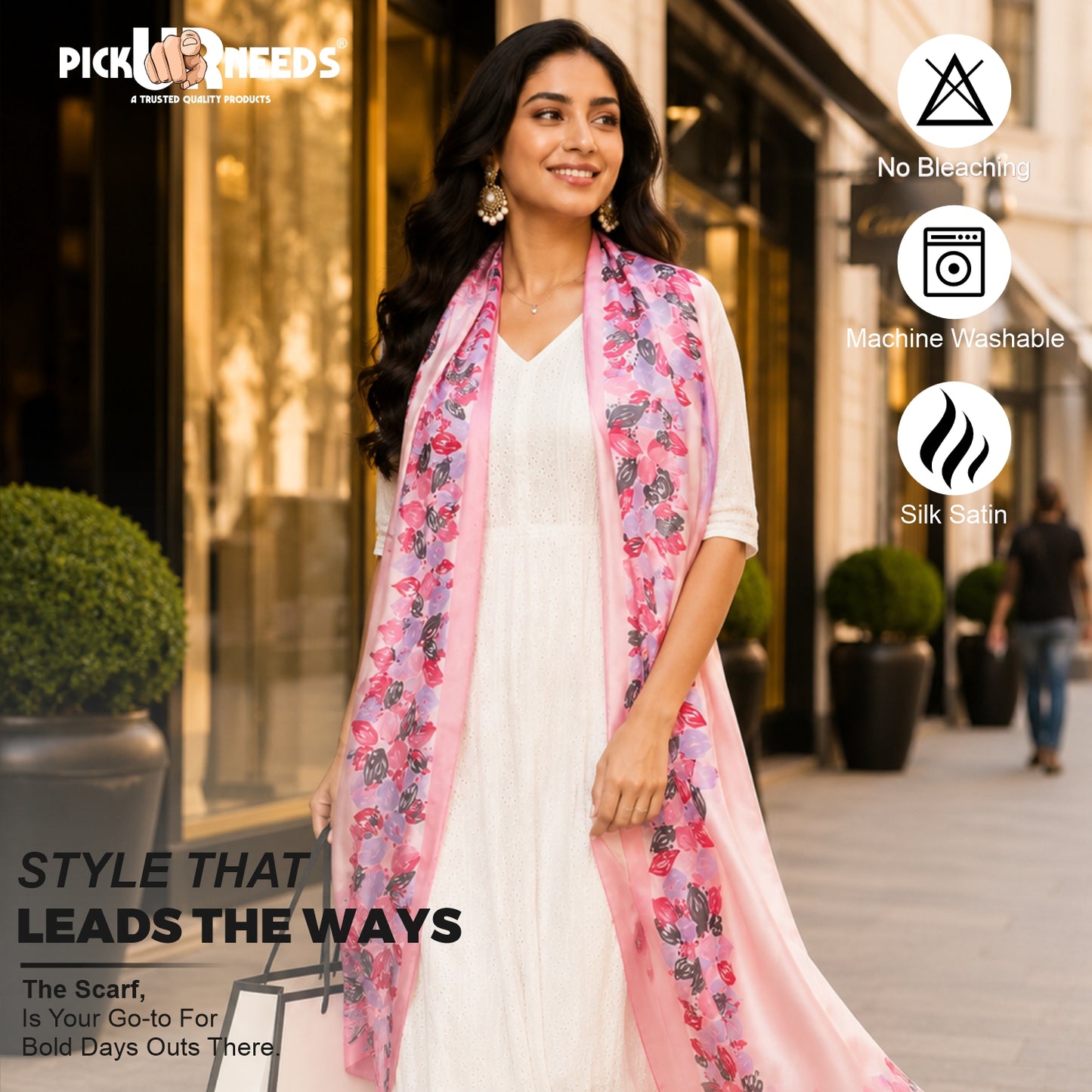 Pick Ur Needs Premium Satin Silk Feel Rectangle Scarf for Womens & Girls Floral Printed Long Fashion Stall Soft Lightweight Neck, Head & Shoulder Wrap