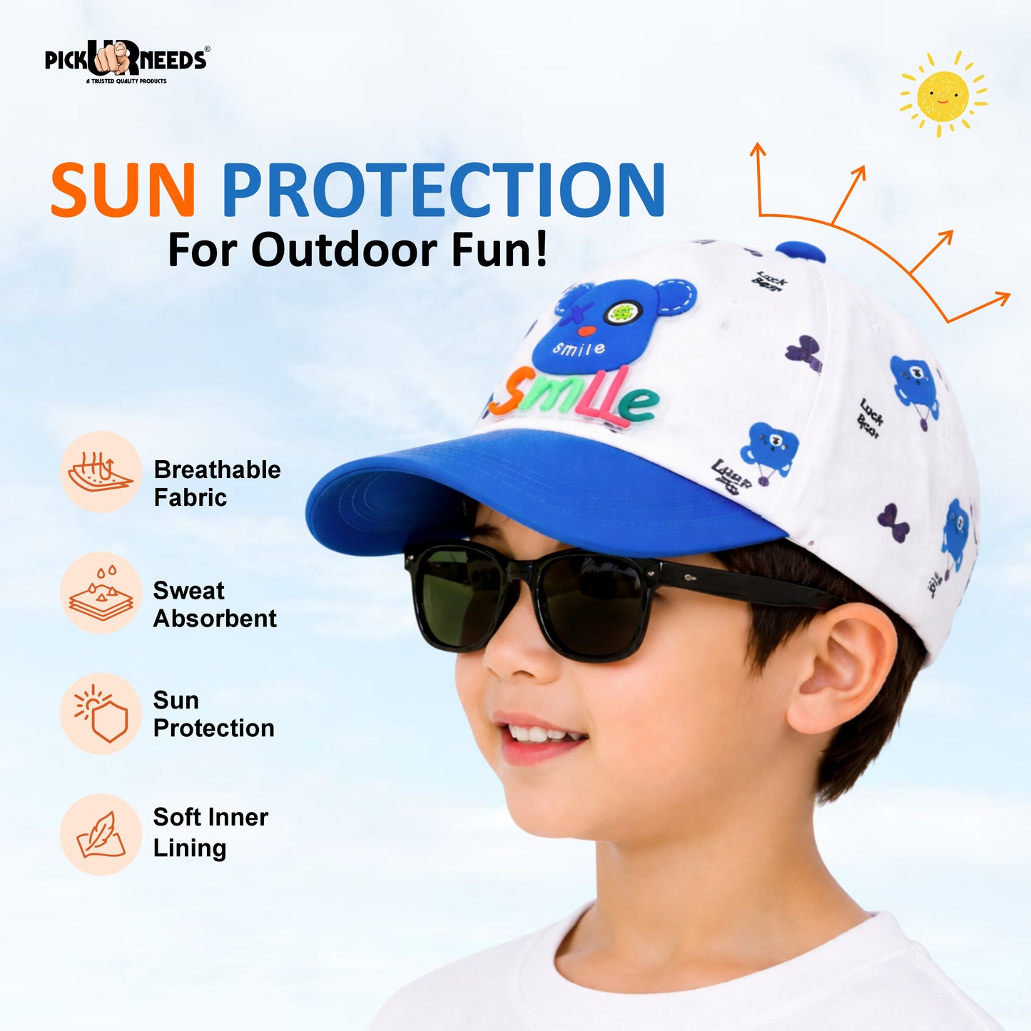 Pick Ur Needs Cute Smile Bear Kids Baseball Cartoon Printed Adjustable Cap for Boys & Girls Lightweight Hat