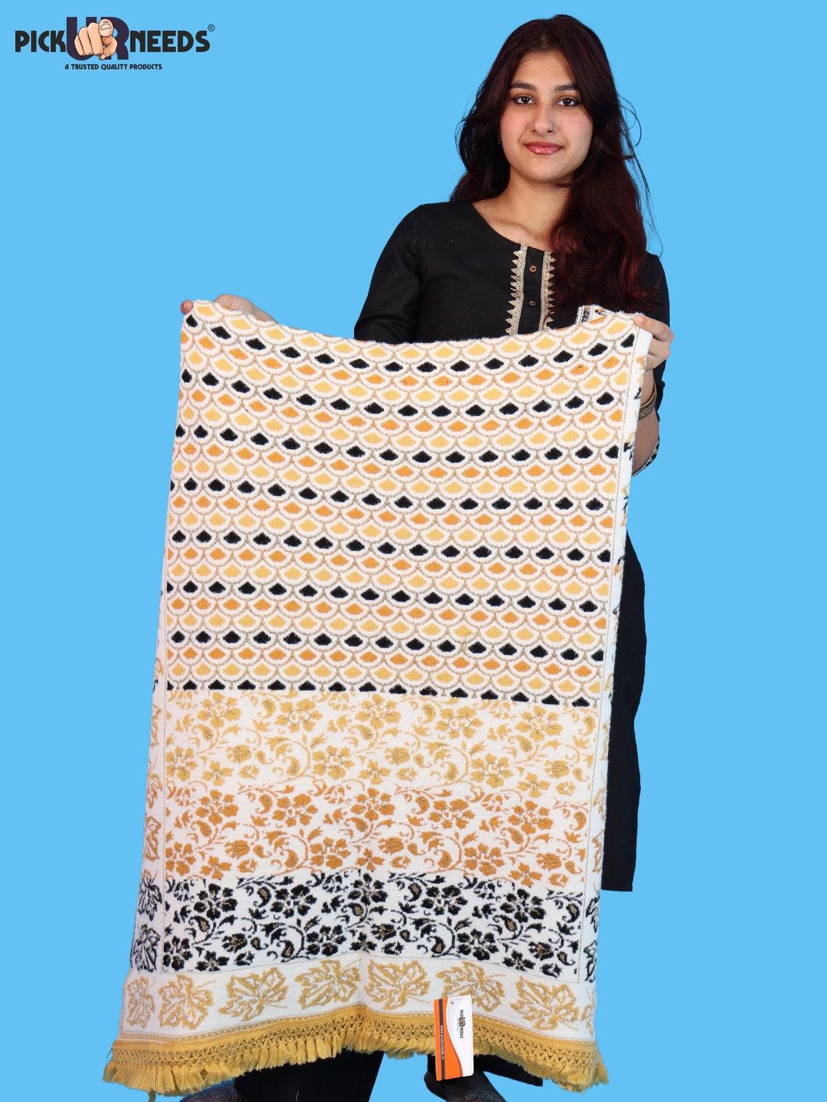Pick Ur Needs Womens & Girls Winter Premium Shawl Floral Patterned Wool Blend Wrap with Decorative Border & Fringe Finish
