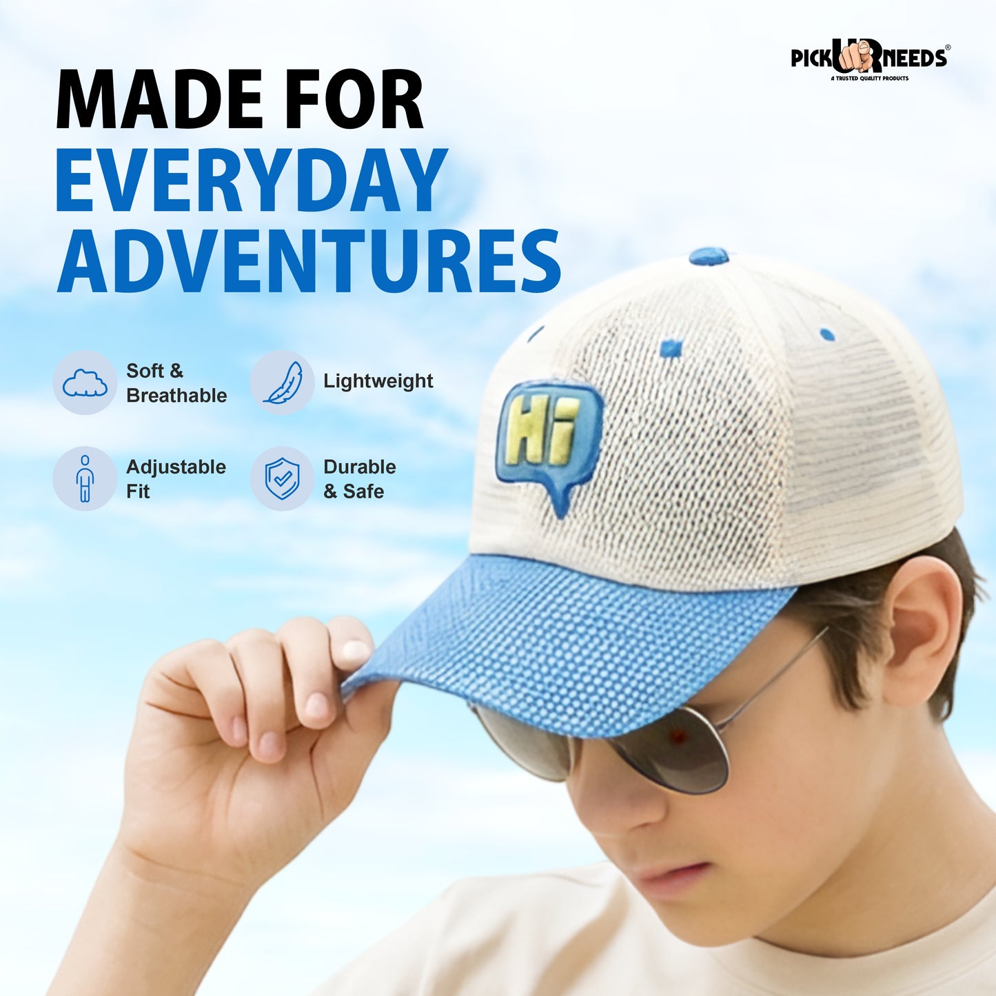 Pick Ur Needs Teenager Stylish Mesh Cap Lightweight Breathable Baseball Hat with “Hi” Embroidery Sun Protection Adjustable Snapback Cap for Boys & Girls