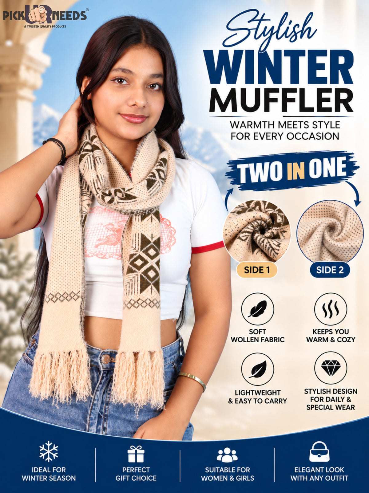 Pick Ur Needs Women & Girls Reversible Knitted Winter Muffler, Soft Warm Woollen Scarf with Geometric Pattern and Tassels, Lightweight Dual-Sided Winter Wrap