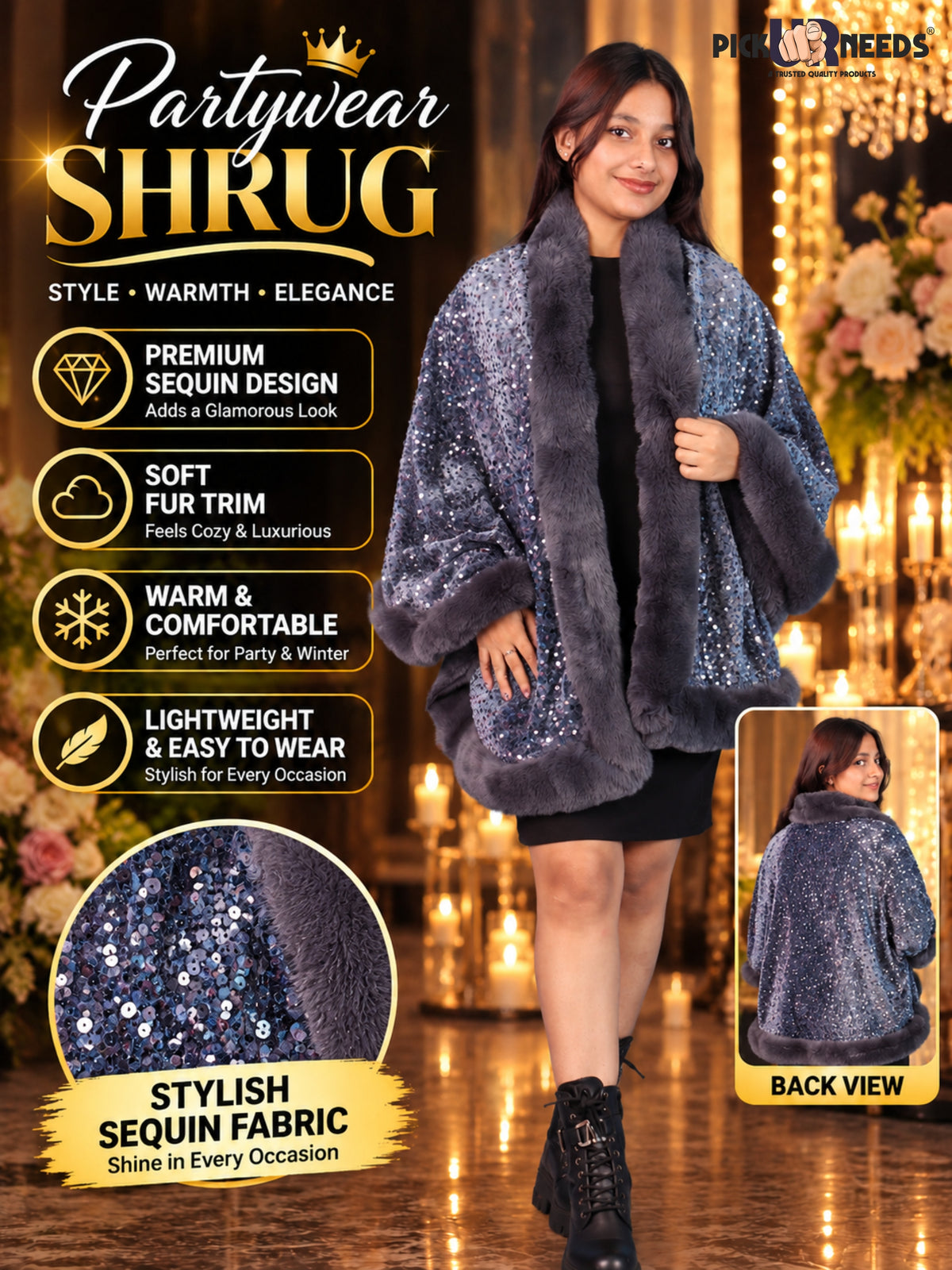 Pick Ur Needs Luxury Shrug for Women Sequin Outerwear with Soft Fur Collar Shawl Evening Wrap Poncho