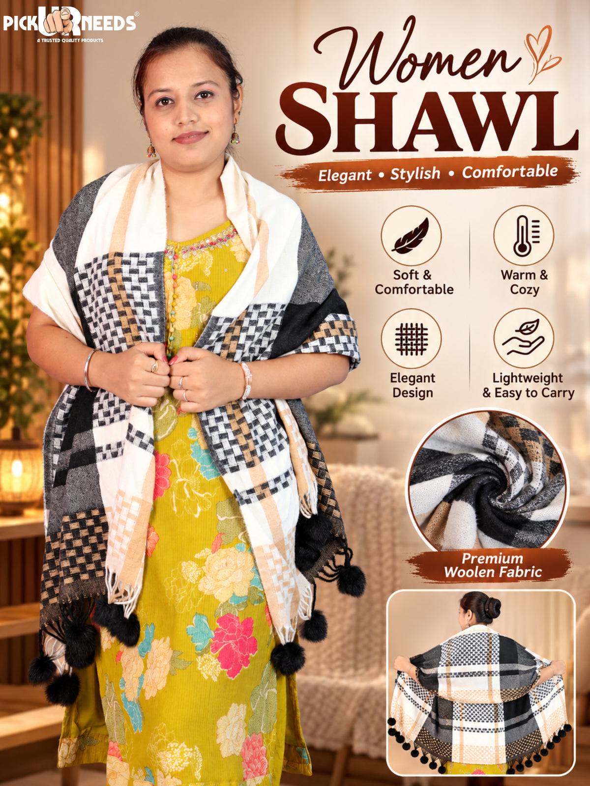 Pick Ur Needs Women Designer Winter Shawl with Geometric Checkered Pattern Shoulder Wrap with Tassels Stylish Stole for Girls Party, Casual & Ethnic Wear